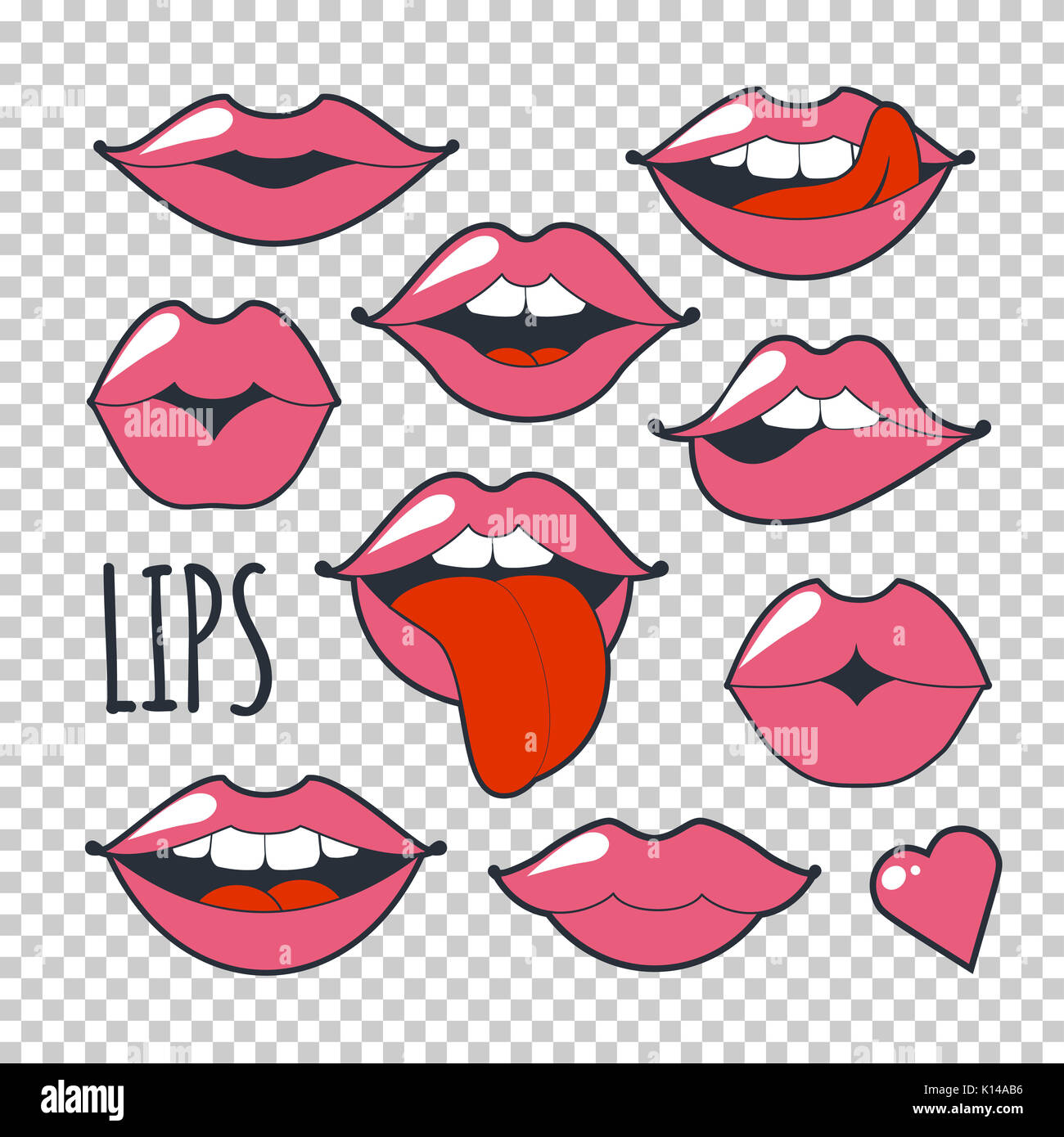 Définir les icônes originales glamour. illustration. Maquillage rose vif marque kiss. Lèvres passionnées dans cartoon style des 80 s et 90 s isolé sur un transparen Banque D'Images