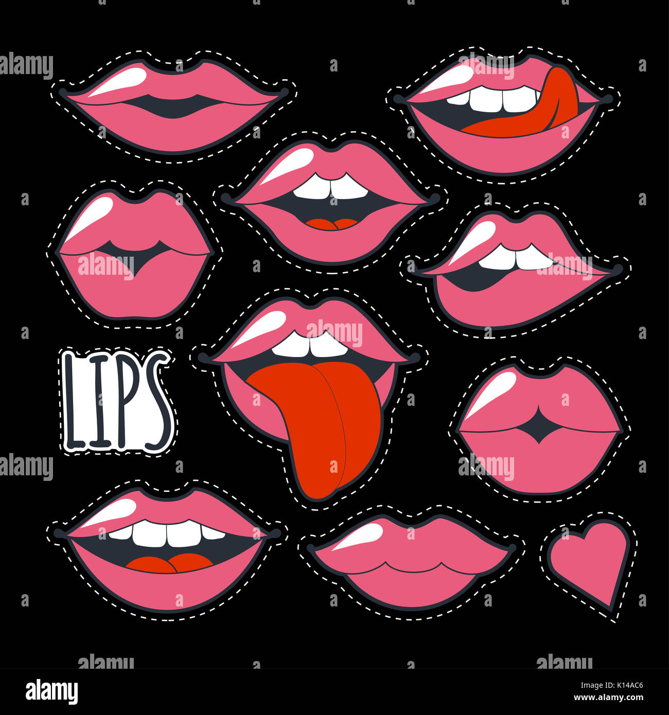 Définir les icônes originales glamour. L'illustration. Maquillage rose vif marque kiss. Lèvres passionnées de style cartoon dans les années 80 et 90 isolé sur zone noire Banque D'Images