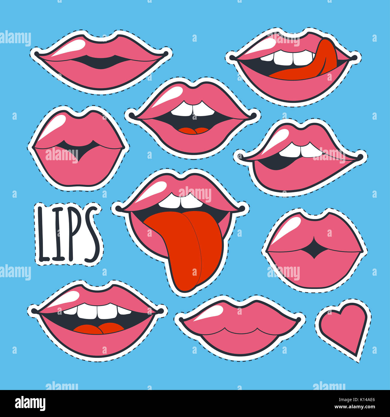 Définir les icônes originales glamour. Maquillage rose vif marque kiss. Lèvres passionnées dans cartoon style des 80 s et 90 s isolé sur fond bleu. Fashion p Banque D'Images