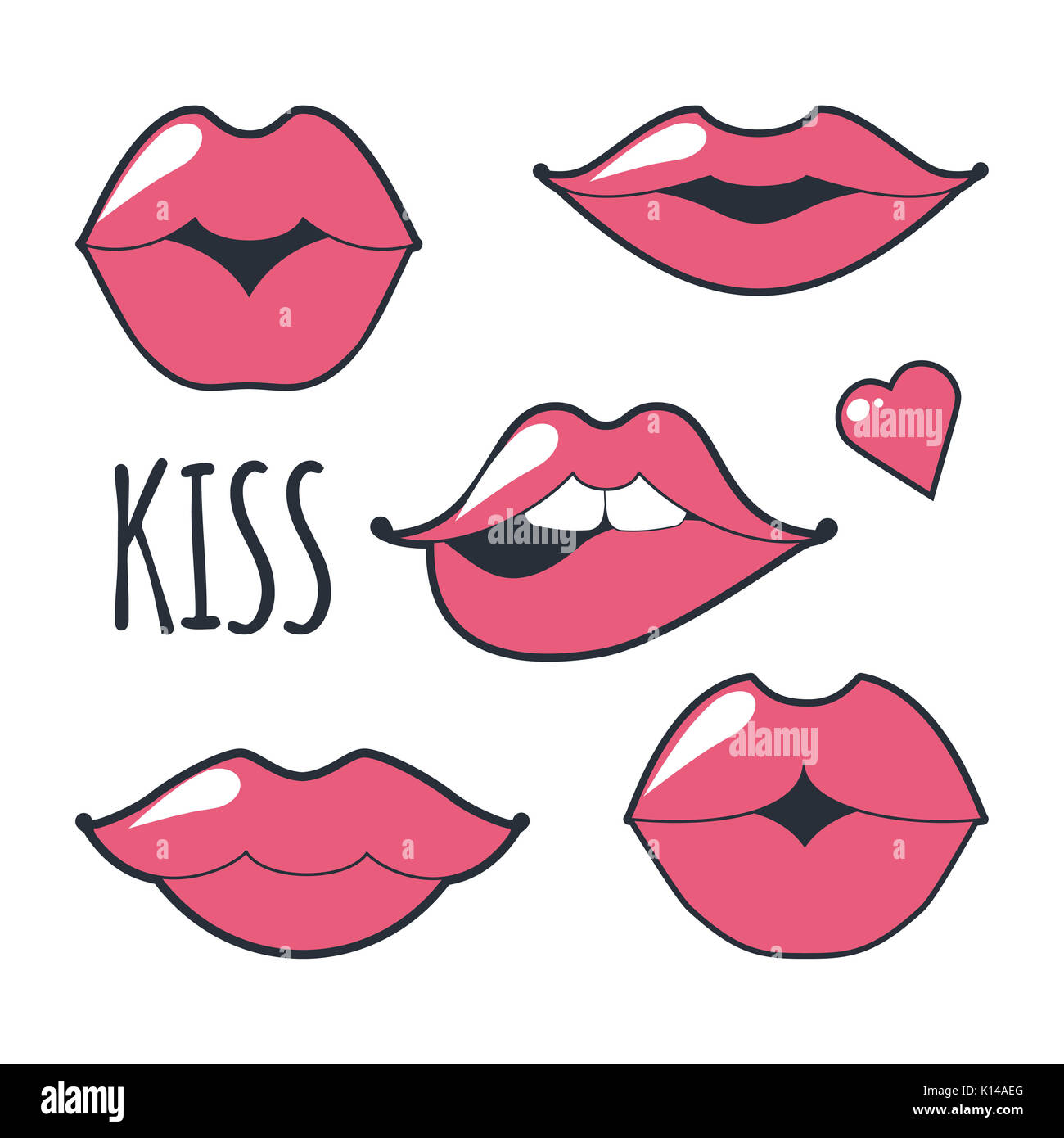 Différentes femmes s lèvres icon set isolés du fond blanc. Lèvres roses close up les filles. L'envoi d'une forme de baiser, embrasser les lèvres. Collection de femmes s mo Banque D'Images