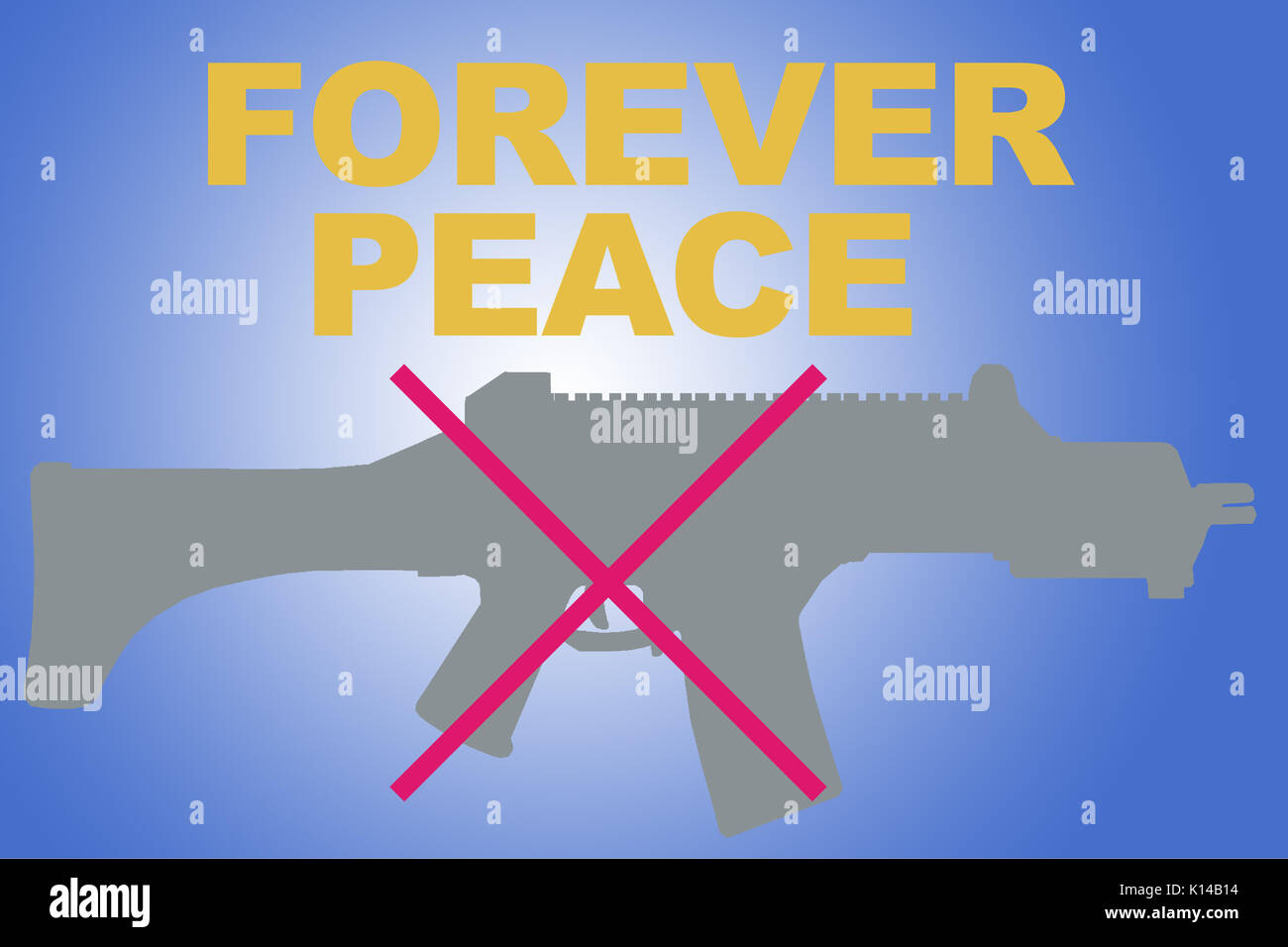 FOREVER PEACE sign concept illustration avec silhouette carabine gris et rouge dégradé bleu sur X Banque D'Images
