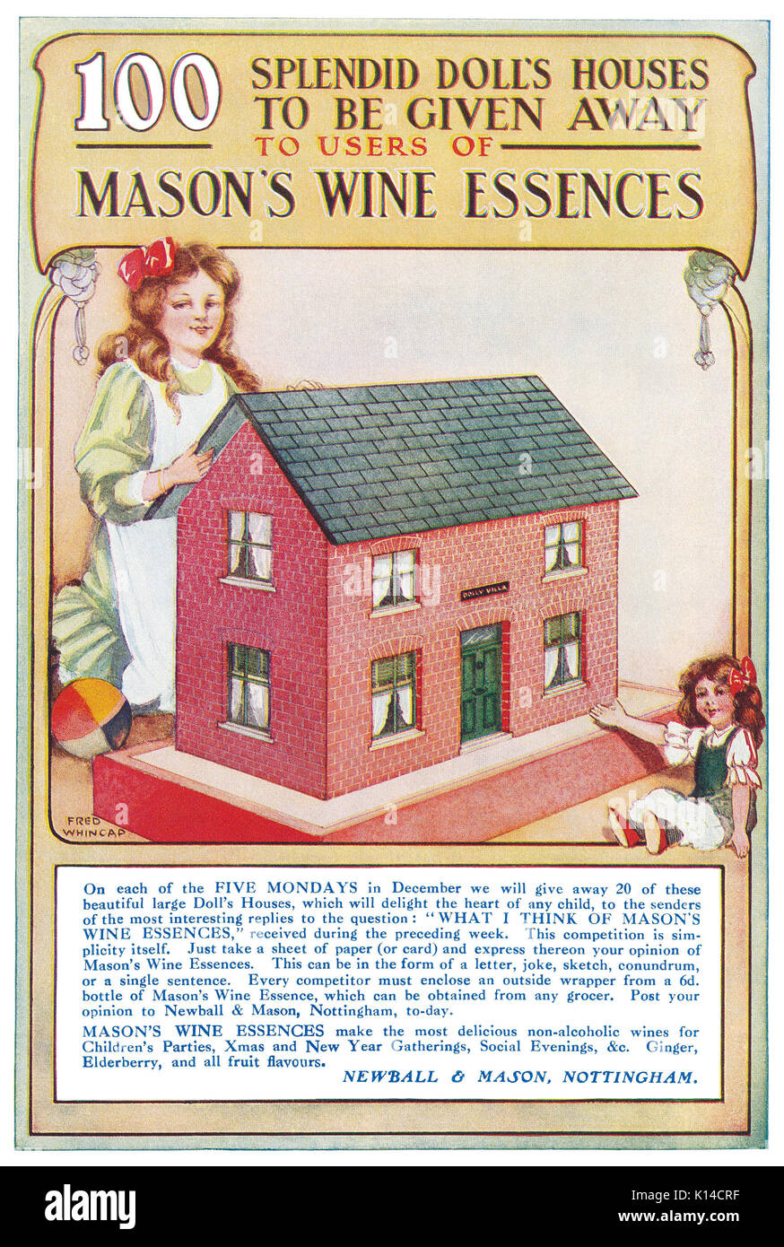 1910 La publicité pour Mason's Wine Essences, doté d''un concours pour gagner une maison de poupées. Illustré par Fred Whincap. Banque D'Images