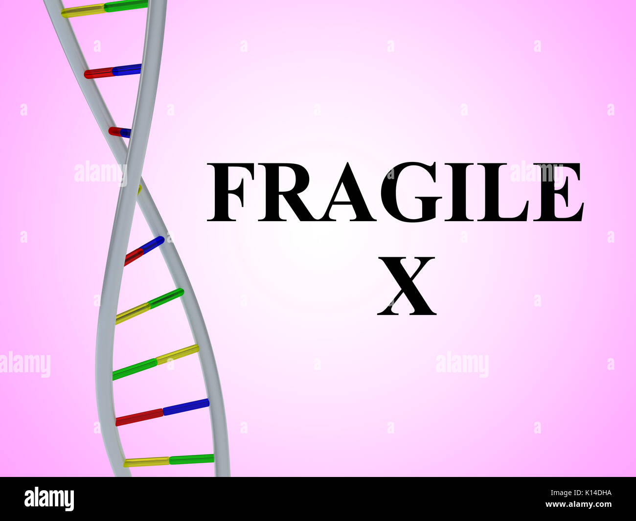 3D illustration de 'X' Fragile avec script , en double hélice de l'ADN isolé sur gradient de rouge. Banque D'Images