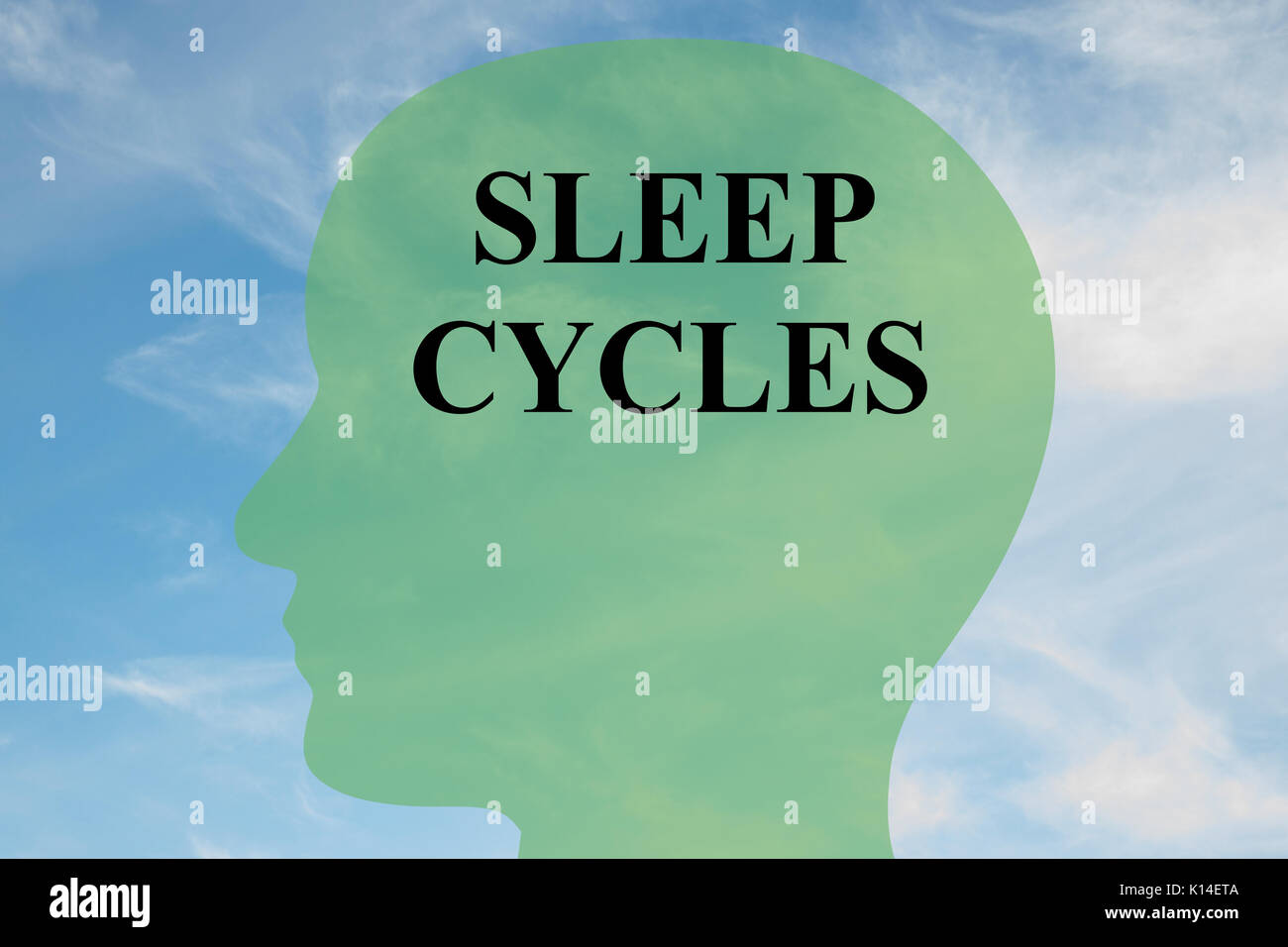 Rendre illustration de CYCLES 'SLEEP' script sur head silhouette, avec ciel nuageux comme arrière-plan. Banque D'Images Rendre illustration de CYCLES 'SLEEP' script sur head silhouette, avec ciel nuageux comme arrière-plan. Banque D'Images