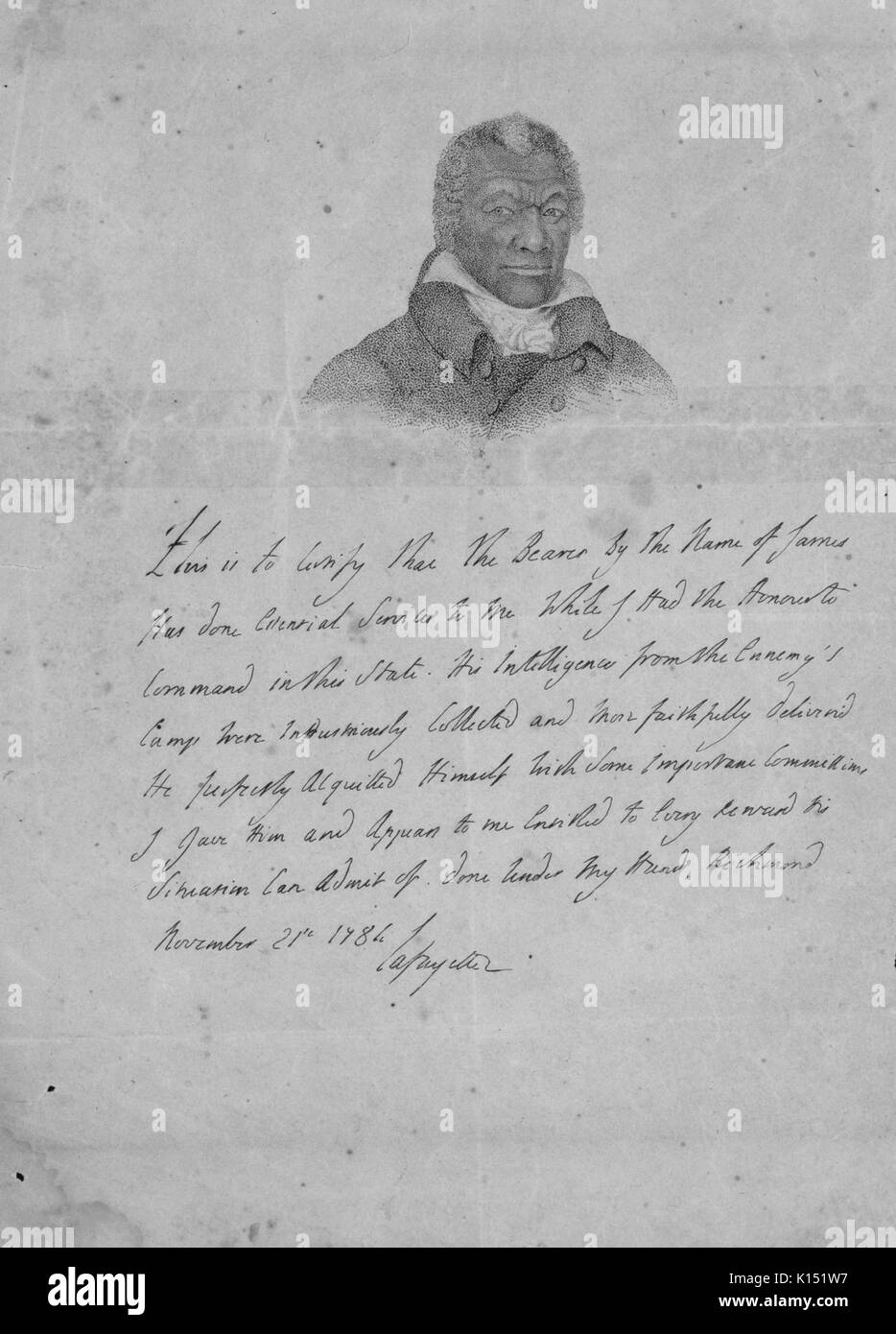 Télécopieur du Marquis de Lafayette's original du certificat saluant James Armistead pour son service de guerre révolutionnaire, 1784. À partir de la Bibliothèque publique de New York. Banque D'Images