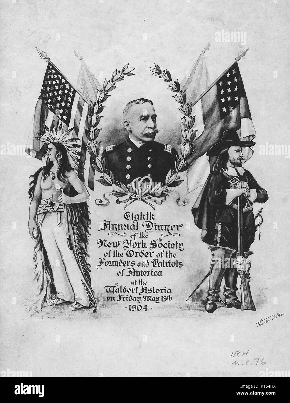 Couvercle Menu, avec le portrait de l'amiral George Dewey, pour la huitième dîner annuel de la société de New York de l'Ordre des fondateurs et les patriotes d'Amérique à l'hôtel Waldorf Astoria, New York, New York, le 13 mai 1904. Banque D'Images