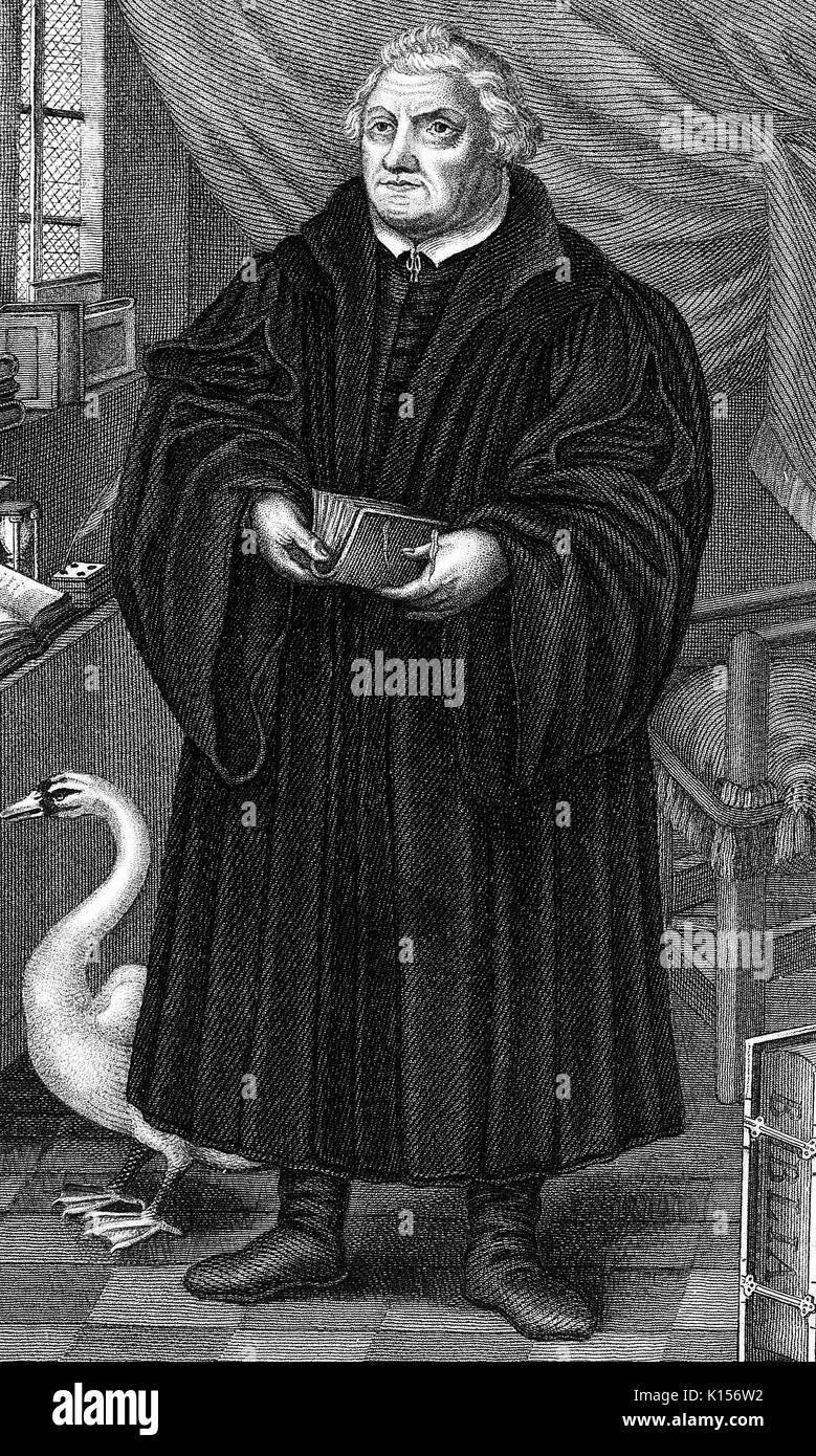 Martin Luther, importante figure de la Réforme protestante, la gravure portrait debout son étude tenant un livre, avec l'oie, 1500. À partir de la Bibliothèque publique de New York. Banque D'Images