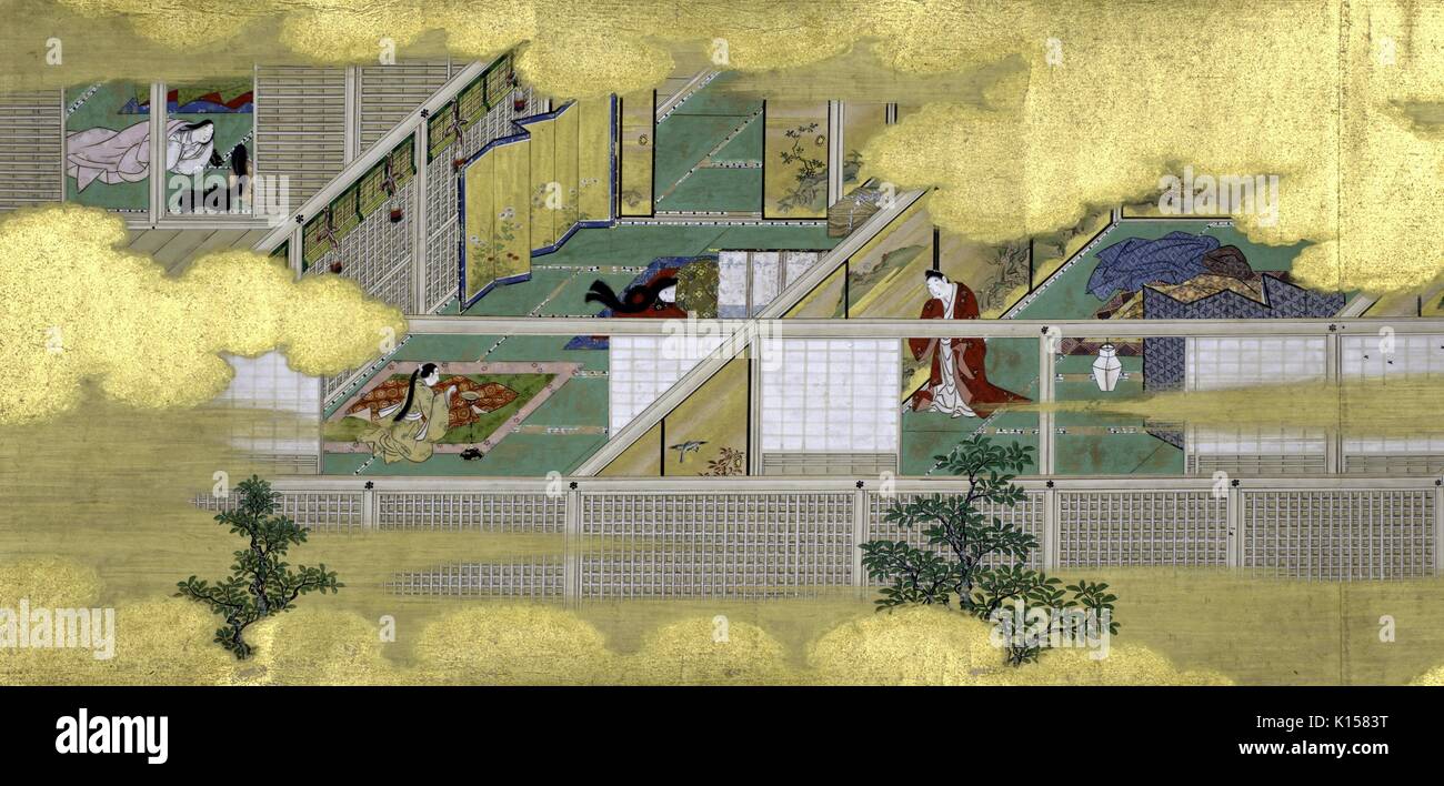 Un tableau de l'histoire de Genji, Défilement dans le style de peinture appelé Yamato-e, dépeint la vie à l'intérieur d'une maison japonaise, les membres de la famille peut être vu dans différentes parties de la maison, les petits arbres peuvent être vus à l'extérieur, d'autres détails de la peinture sont obscurcis par des nuages flottants, 1660. À partir de la Bibliothèque publique de New York. Banque D'Images