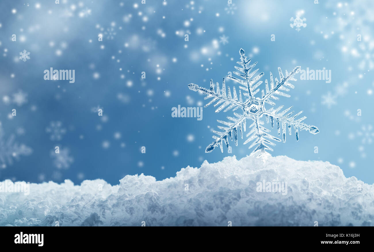 Flocon de macro et de flou artistique tombé des flocons de neige sur fond bleu Banque D'Images