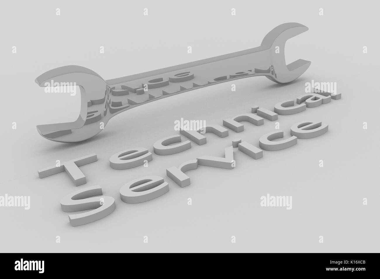 3D illustration de "Service technique" titre écrit en lettres en relief, avec une clé. Banque D'Images