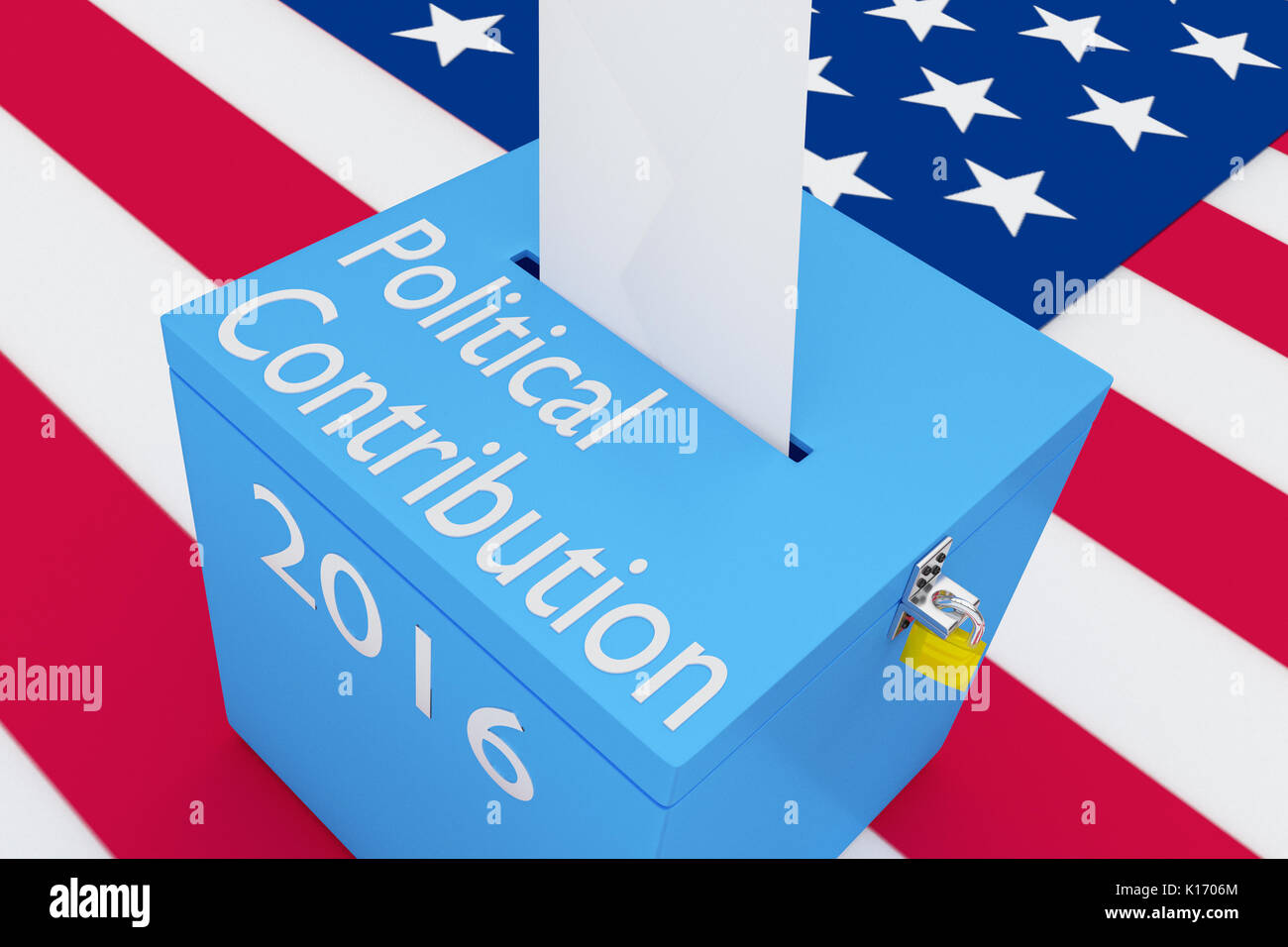 3D illustration de 'contribution politique', '2016' et sur l'urne, avec un drapeau américain en arrière-plan. Banque D'Images