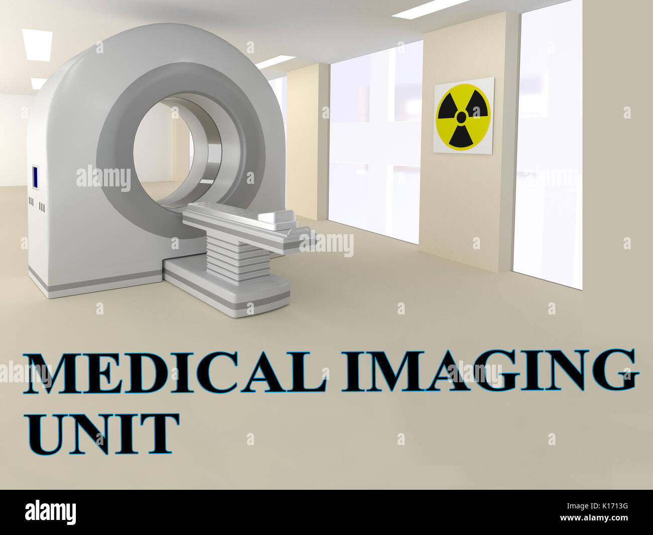 3D illustration de l'unité d'imagerie 'MÉDICALE' title avec CT scanner comme un arrière-plan. Banque D'Images