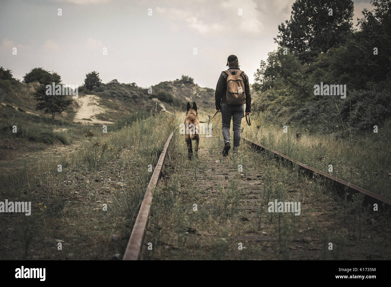 Voyager dans un monde apocalyptique d'une femme et son chien sur de vieux rails dans les dunes de sable Banque D'Images