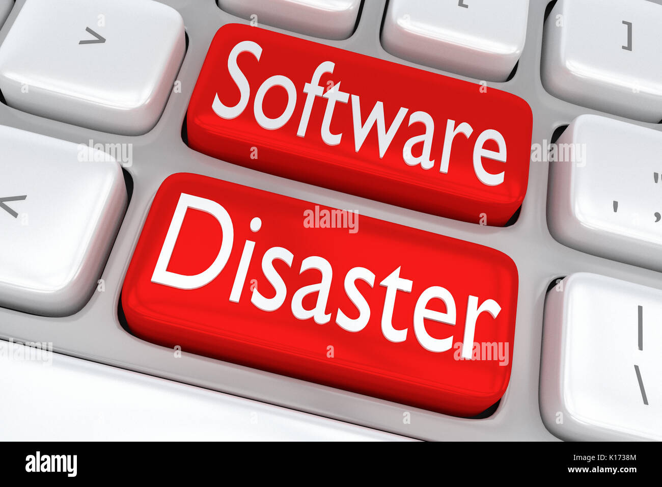 3D illustration de clavier de l'ordinateur avec l'impression 'logiciel' Catastrophe sur deux boutons rouges Banque D'Images