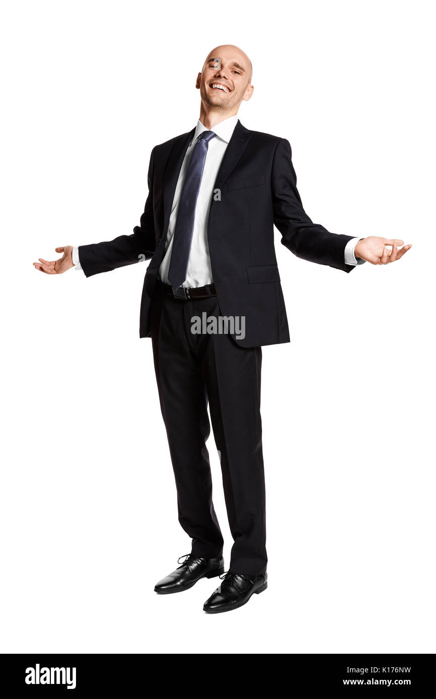Pleine longueur portrait of laughing young businessman isolé sur fond blanc. Banque D'Images