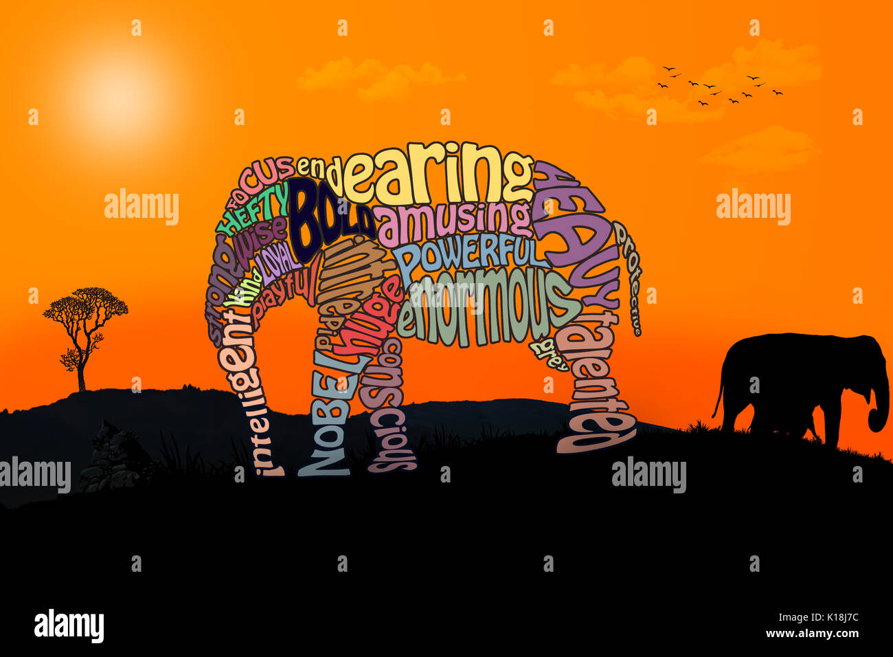 Éléphant magnifique fait de mots sur un fond de safari. Banque D'Images