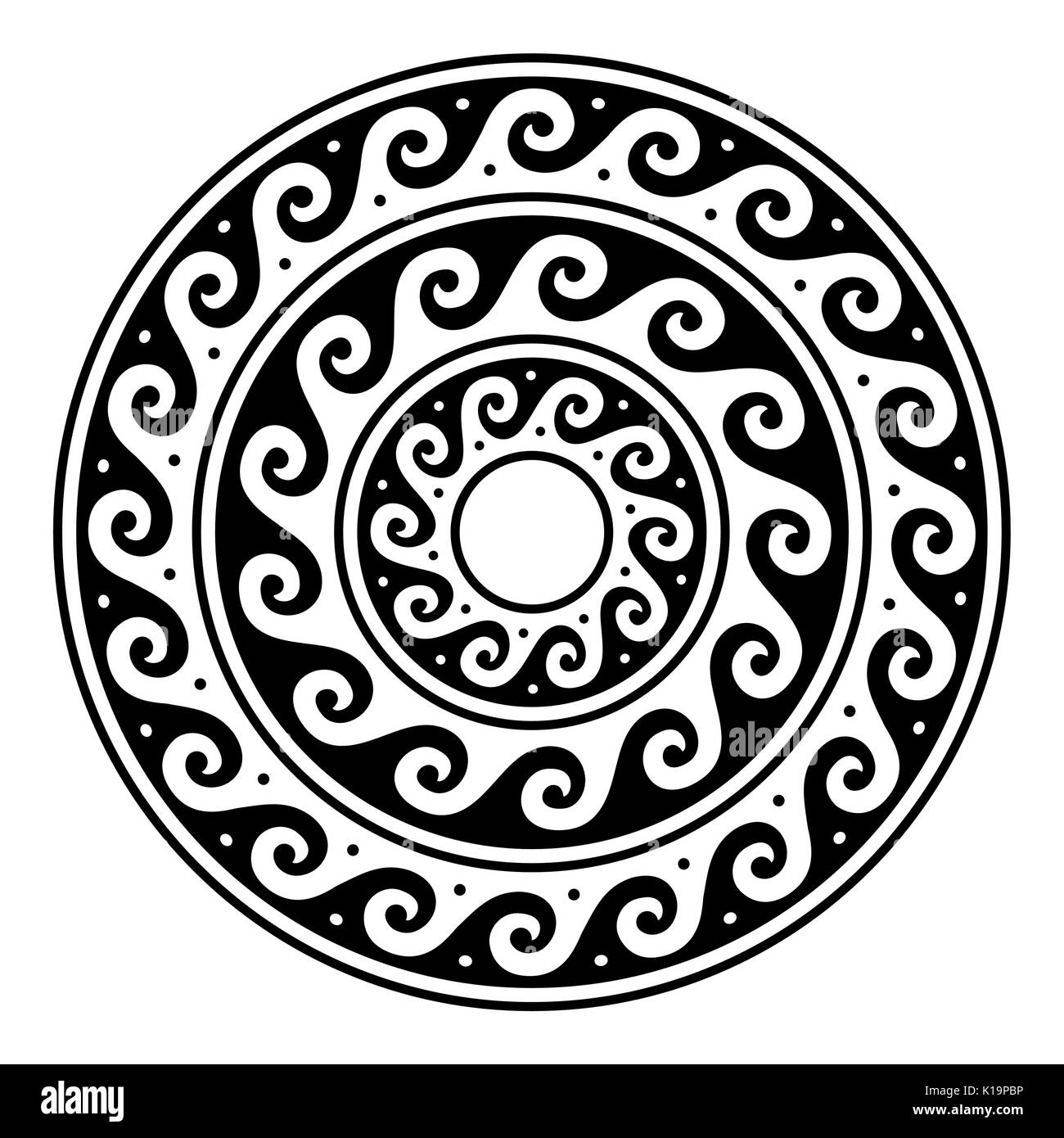 Vecteur de grec ancien méandre, mandala rond art en cercle blanc isolé sur fond noir et blanc inspiré par forme d'art traditionnelle Grèce Illustration de Vecteur