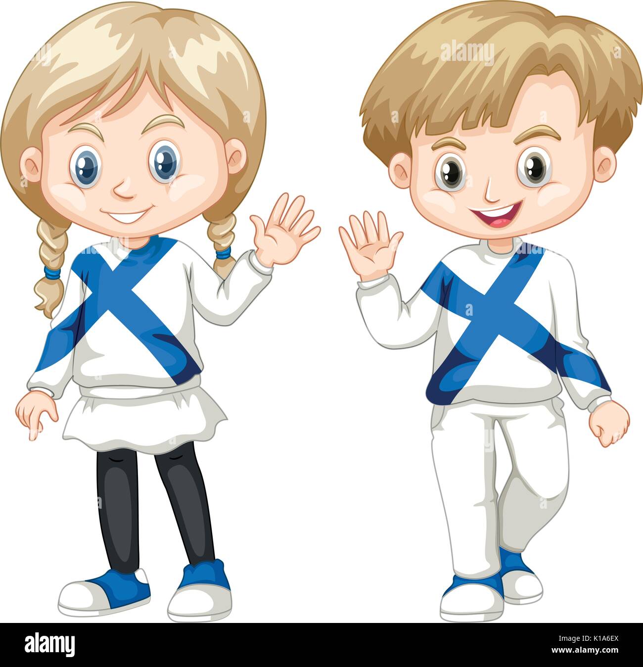 Finnish boy and girl waving bonjour illustration Illustration de Vecteur