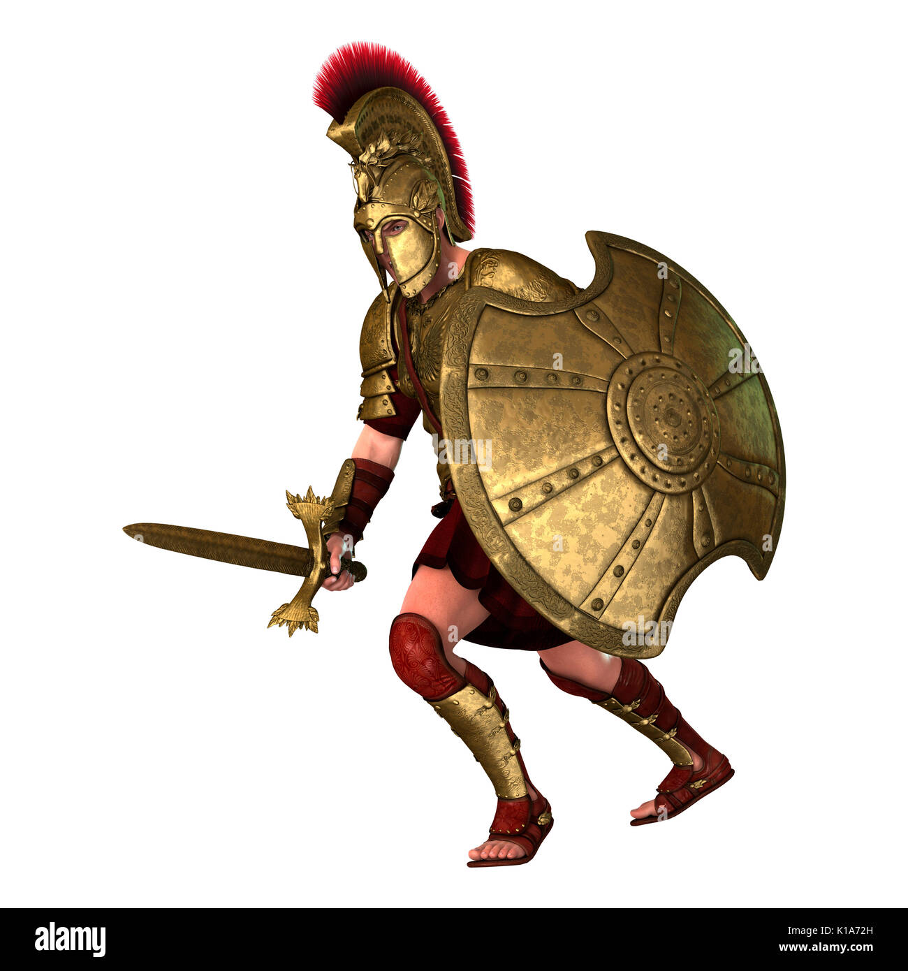 Le rendu 3D d'un Spartan guerrier en armure tenant une épée et un bouclier isolé sur fond blanc Banque D'Images