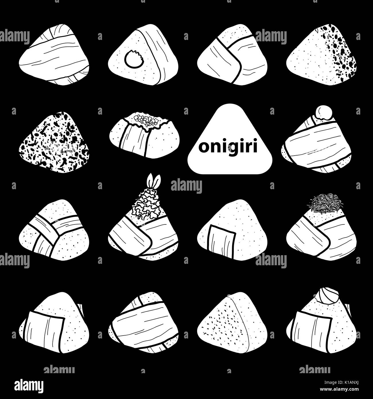 15 modèles de silhouette blanche isolée onigiri sur fond noir avec des boules de riz japonais. d'algue nori dans un style dessiné à la main. vector illustration. Illustration de Vecteur