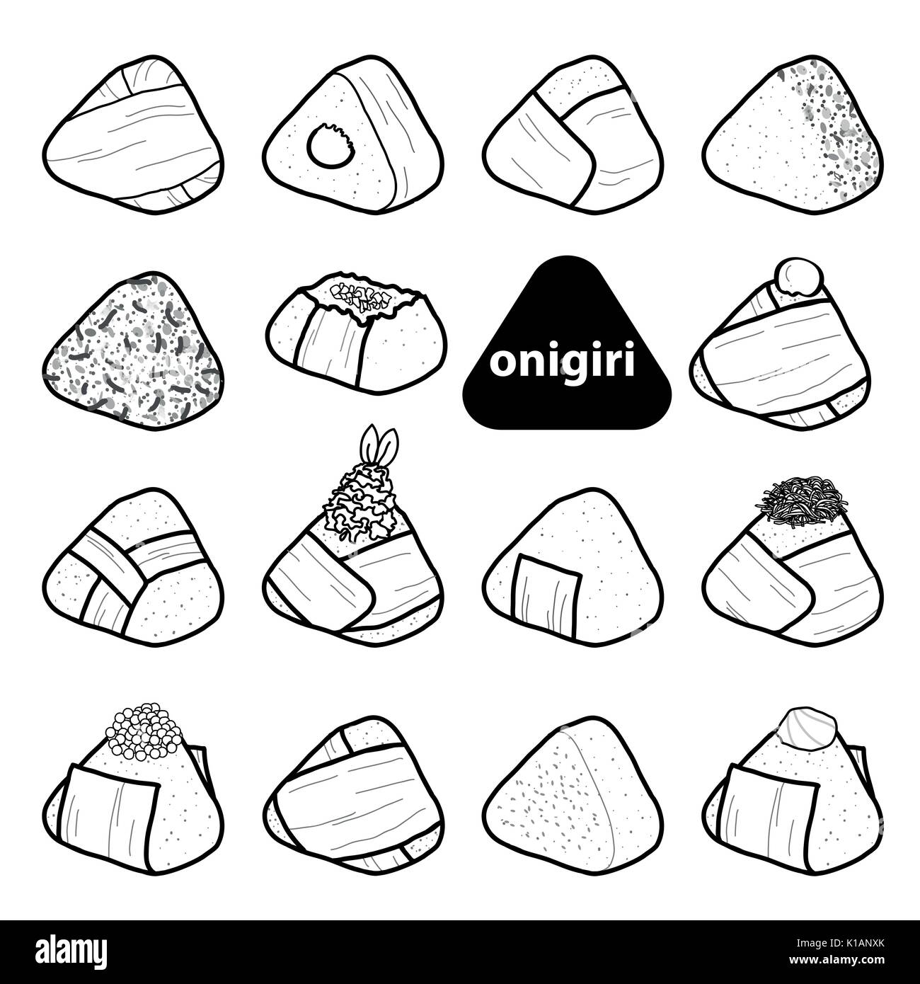 15 modèles de onigiri isolés en contour noir et blanc avion sur fond blanc avec des boules de riz japonais. d'algue nori dans un style dessiné à la main. vector Illustration de Vecteur
