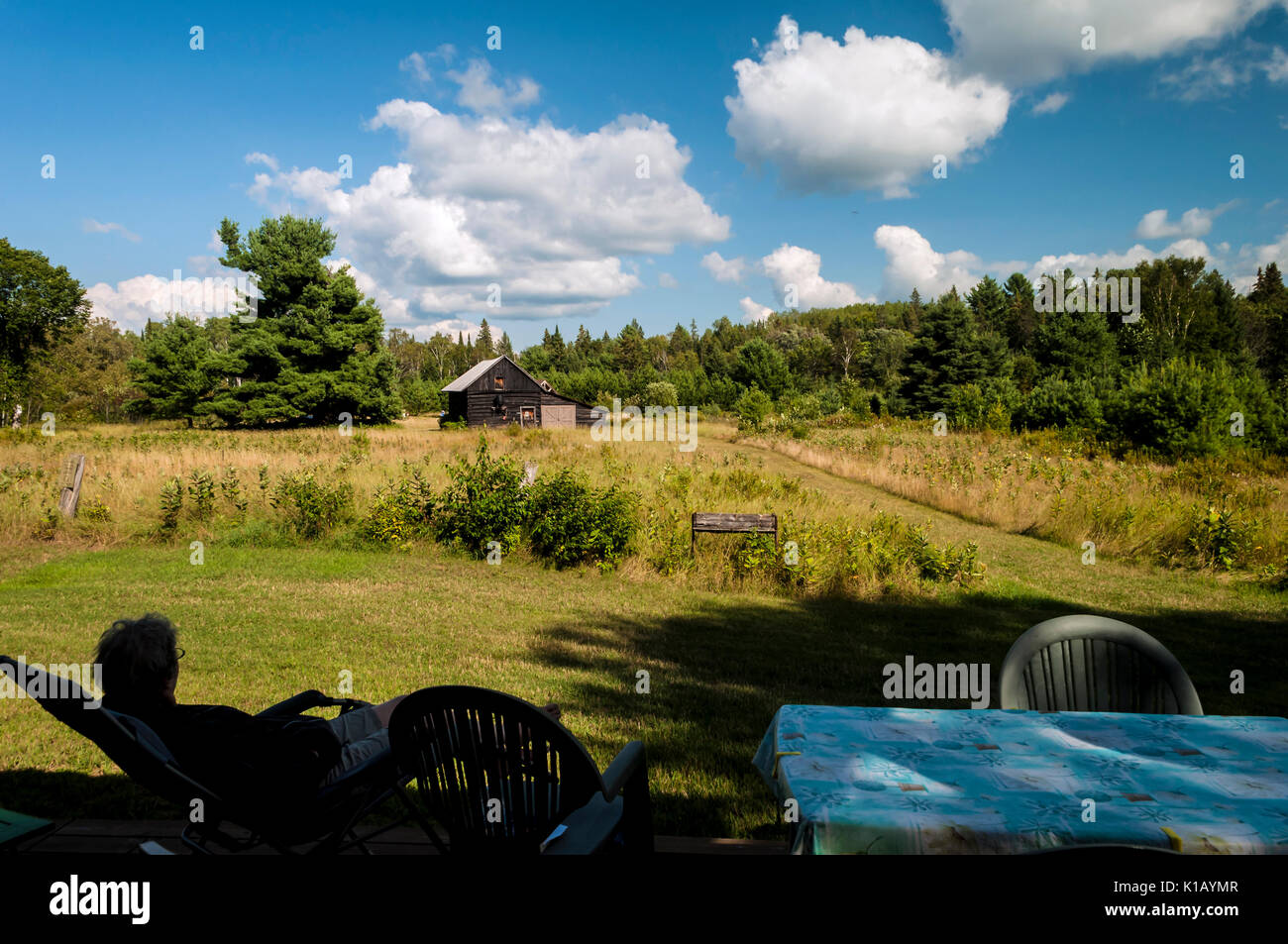 Une femme se trouve dans un fauteuil à l'ombre, au bord d'une zone sauvage, un cadre idyllique de campagne, Ontario, Canada Banque D'Images Une femme se trouve dans un fauteuil à l'ombre, au bord d'une zone sauvage, un cadre idyllique de campagne, Ontario, Canada Banque D'Images