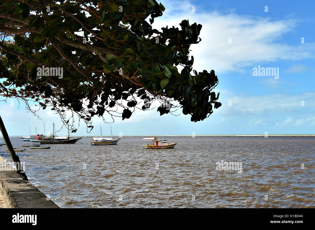 Les petits bateaux ancrés dans la mer protégée par les récifs coralliens à Porto Seguro, Bahia, Brésil. Sur le trottoir d'amande par la mer. Banque D'Images