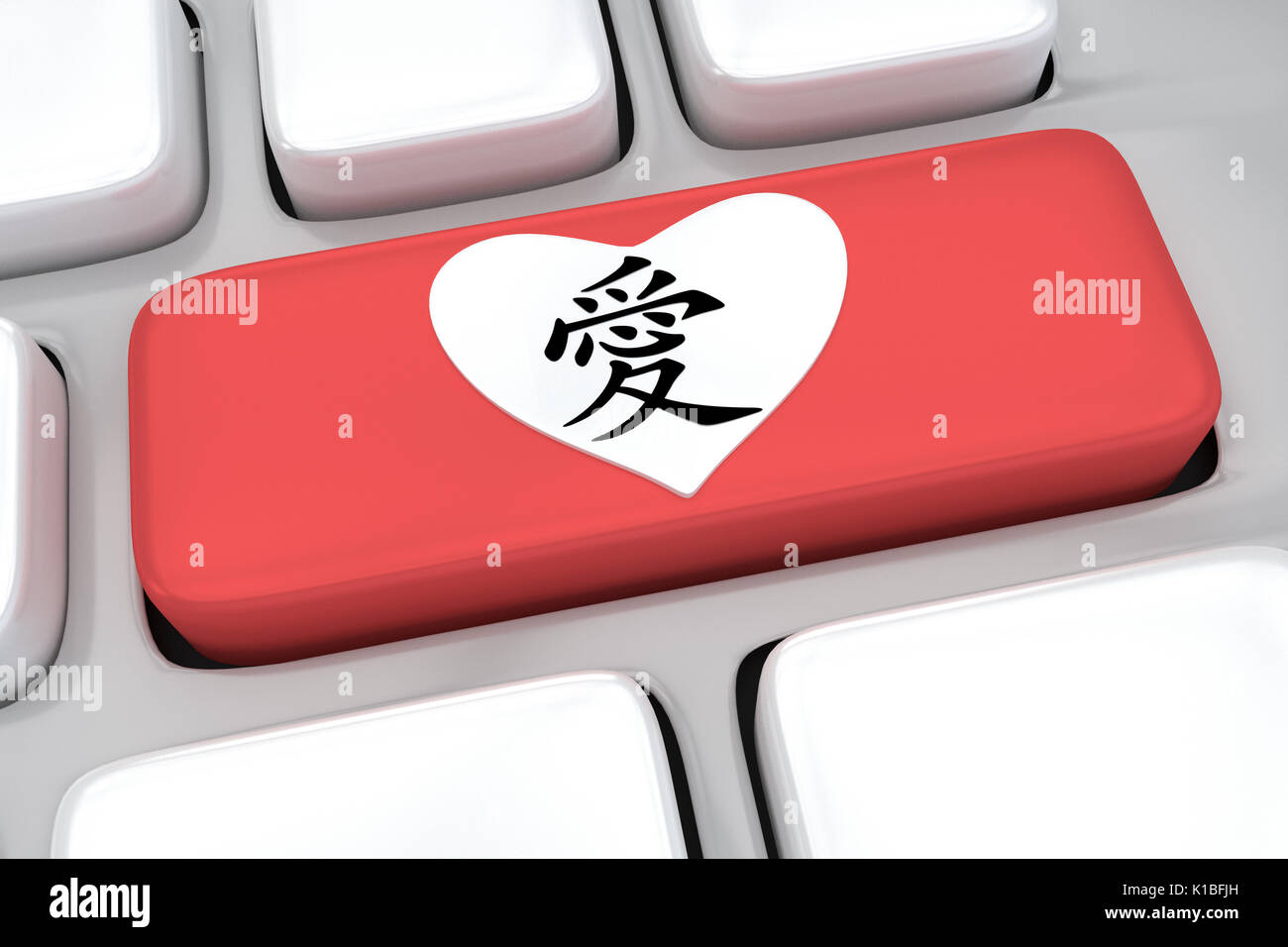 Rendre illustration de clavier de l'ordinateur avec mot chinois pour l'amour sur un bouton rouge Banque D'Images