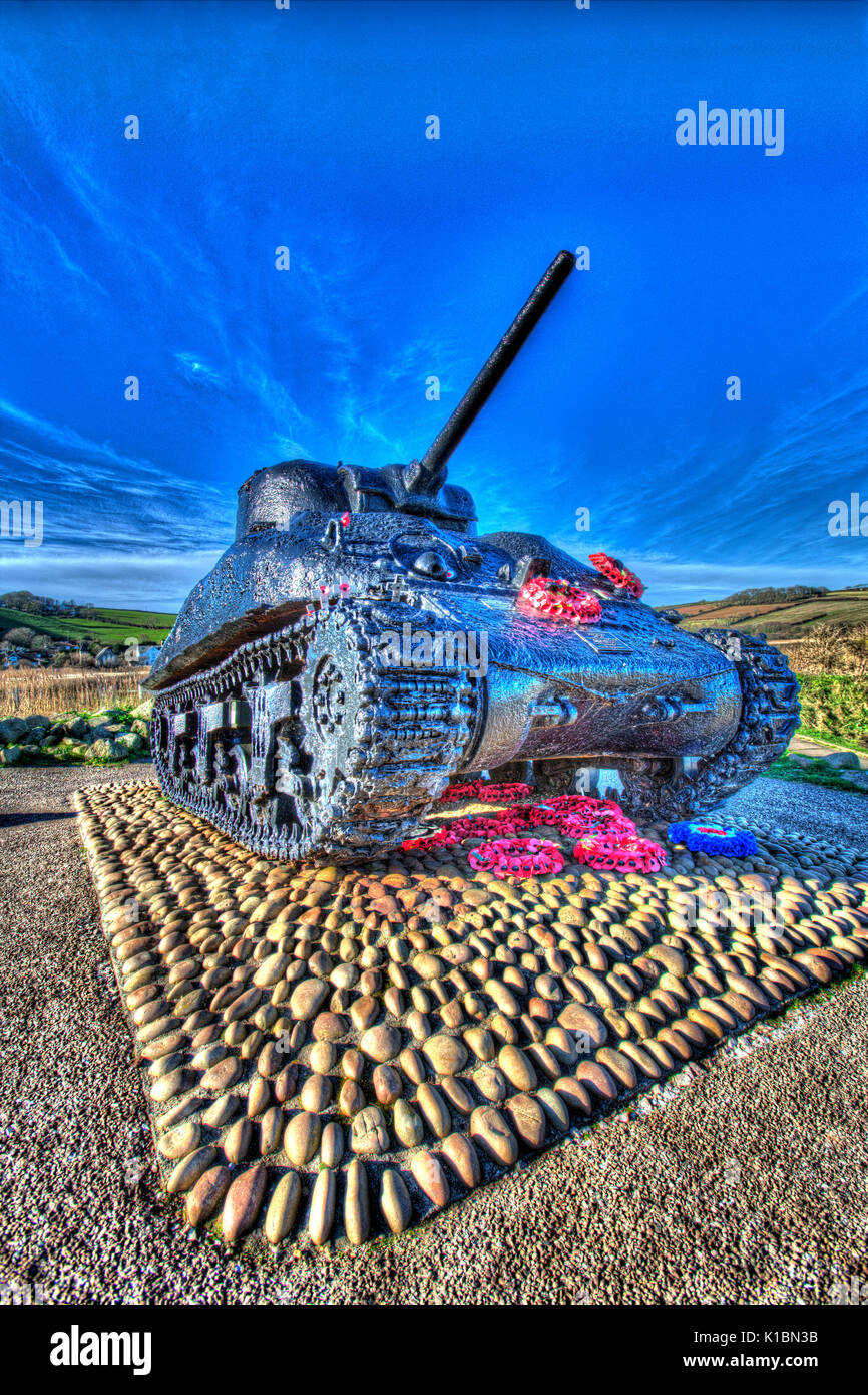 L'exercice tiger nous memorial sherman à torcross parking, lieu non identifié par les sables bitumineux. Banque D'Images