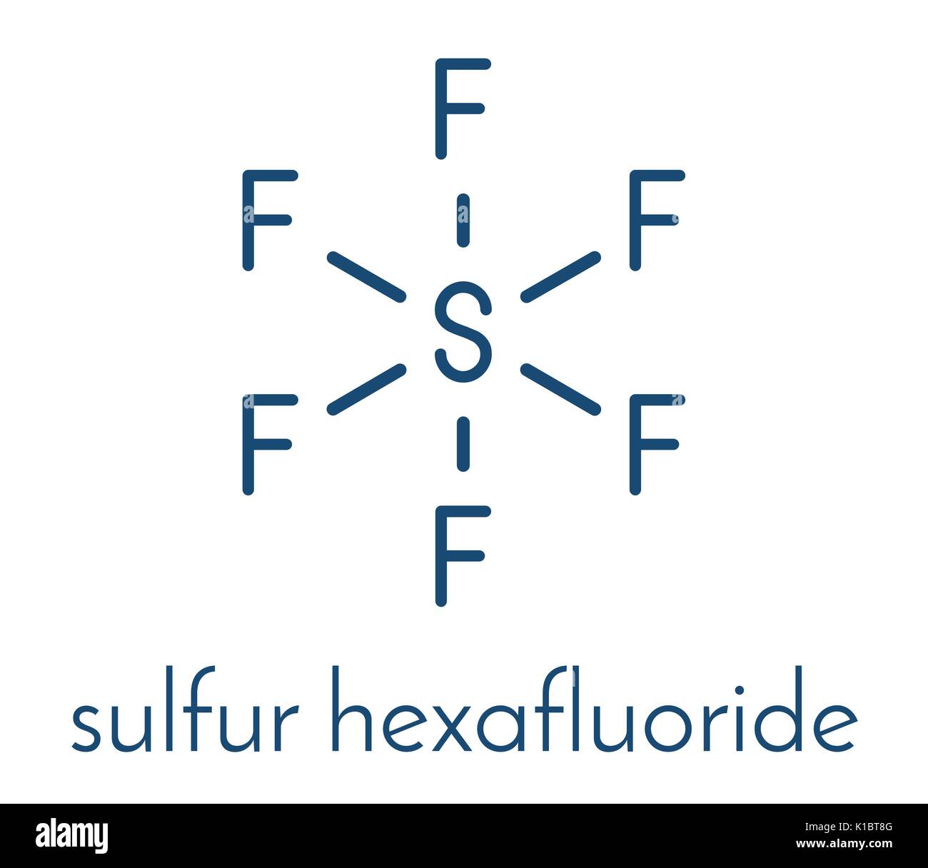 Hexafluorure de soufre isolant gaz molécule. Des microbulles sont utilisés comme agent de contraste pour échographie. Puissant gaz à effet de serre. Formule topologique. Illustration de Vecteur