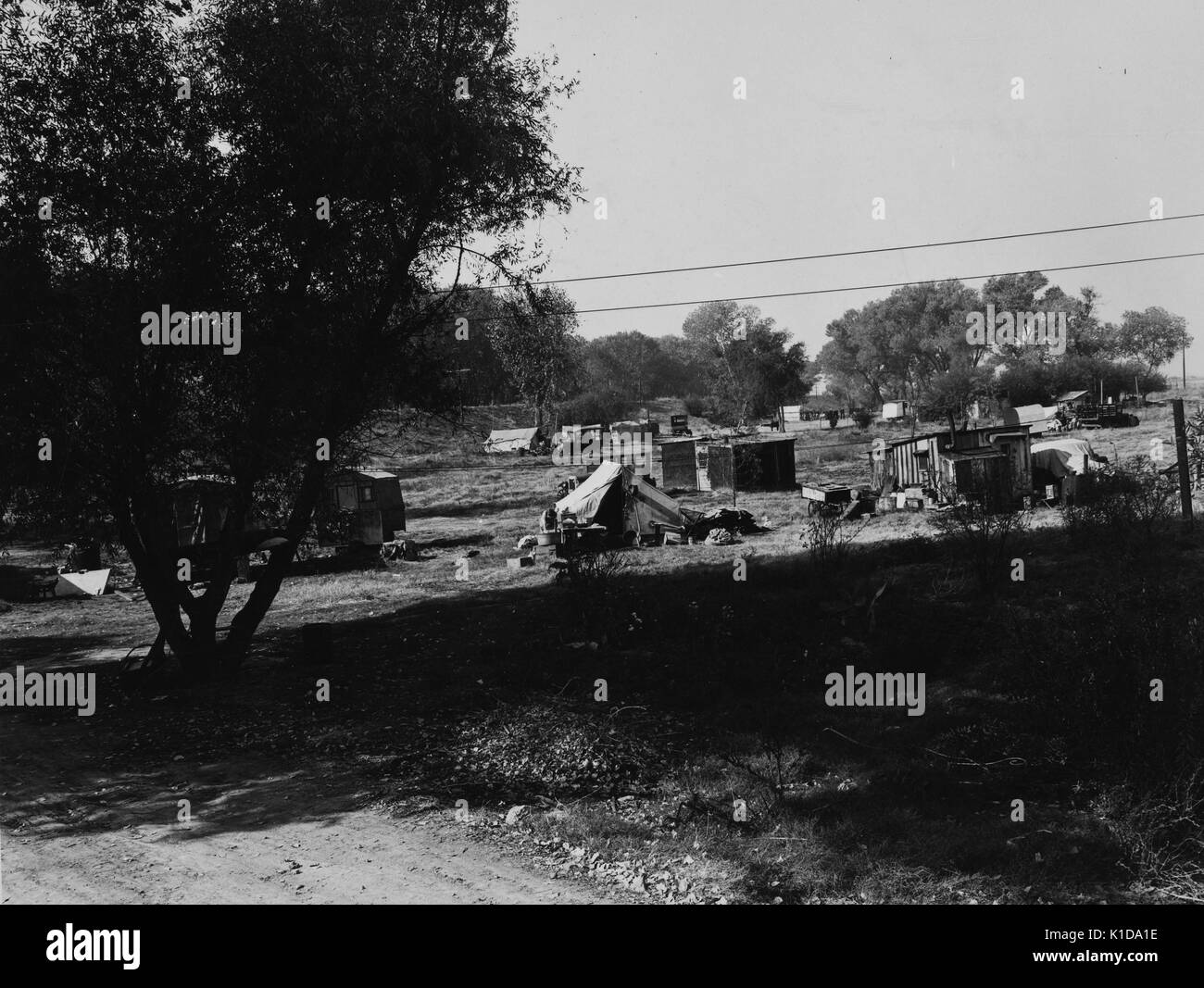 Un camp de migrants à faible densité de population, fait de tentes et de cabanes, dispersés dans un champ à proximité de l'american river, Sacramento, Californie, 1936. à partir de la bibliothèque publique de new york. Banque D'Images