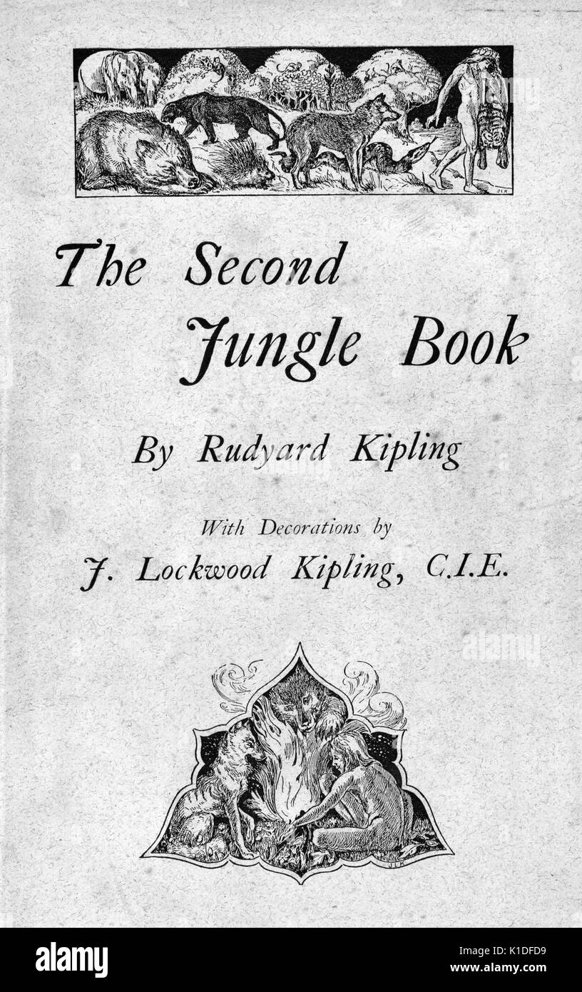 Une couverture pour le second livre de la Jungle par Rudyard Kipling, deux illustrations représentant le personnage principal et les animaux ornent la couverture, 1895. à partir de la bibliothèque publique de new york. Banque D'Images