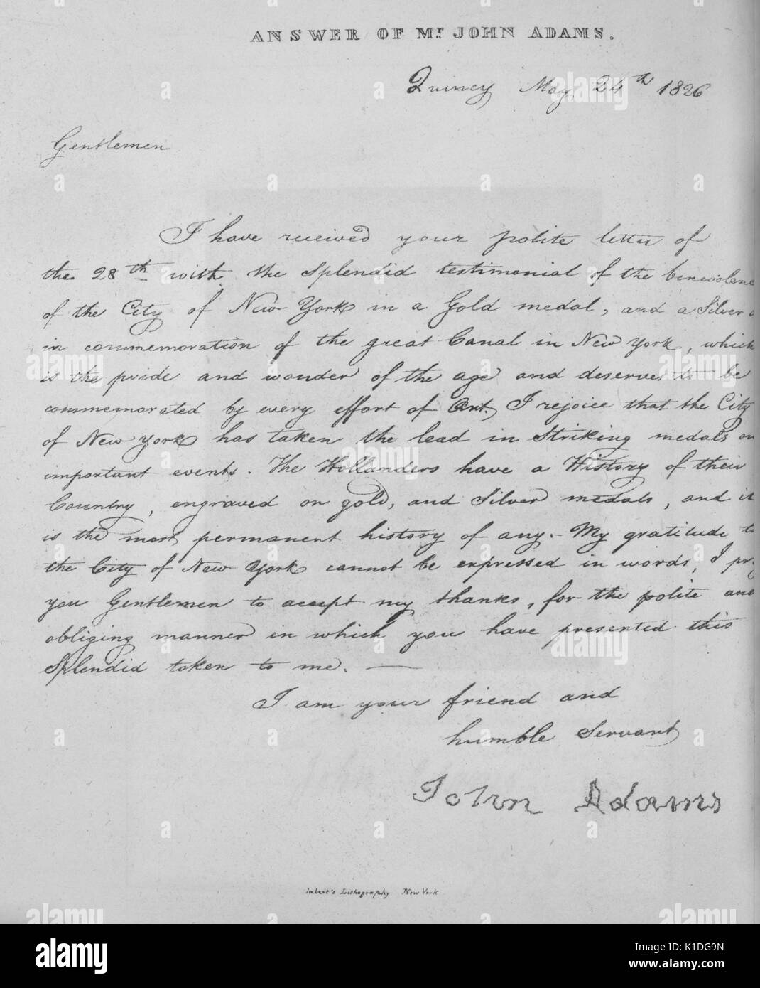 Lettre signée par John Adams, ancien président des États-Unis, 1826. à partir de la bibliothèque publique de new york. Banque D'Images