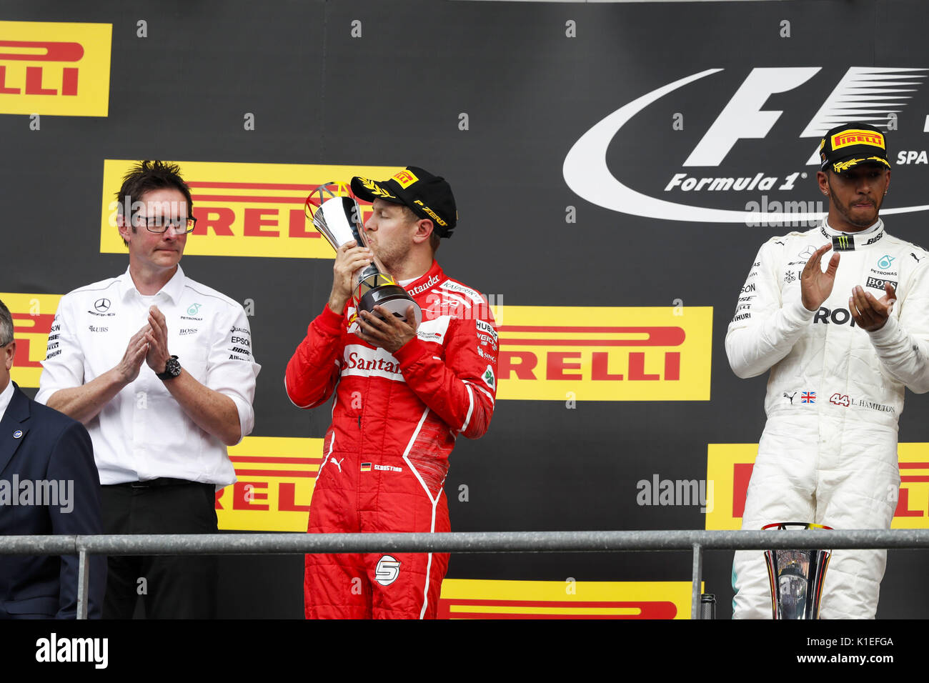 Sport Automobile : Championnat du Monde de Formule 1 de la FIA 2017, Grand Prix de Belgique, Andrew Shovlin, # 5 Sebastian Vettel (GER, Scuderia Ferrari), # 44 Lewis Hamilton (GBR, Mercedes AMG Petronas F1 Team), , 27.08.2017. Dans le monde d'utilisation | Banque D'Images
