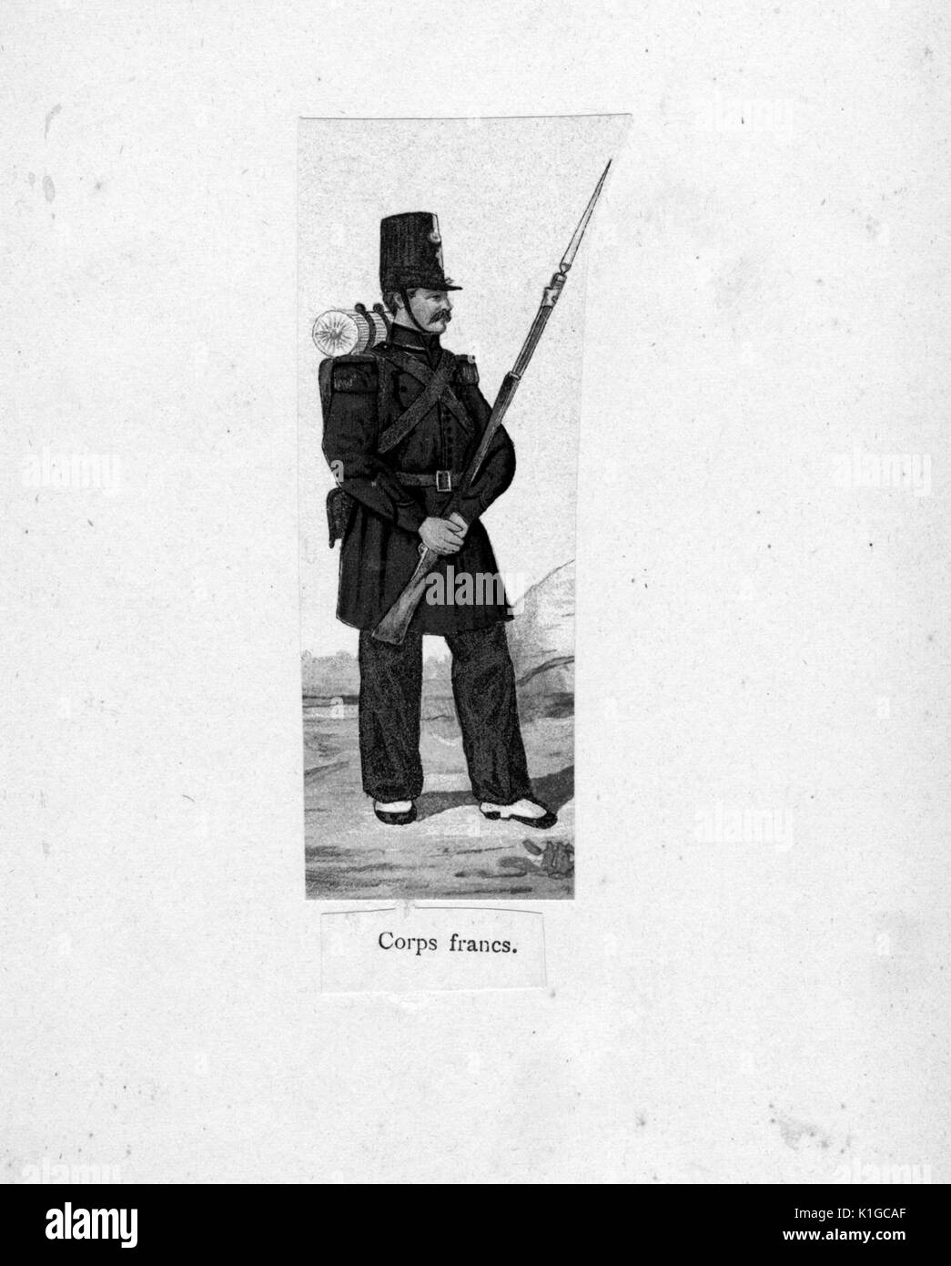 Lithographie couleur montrant un soldat français en uniforme, tenant une baïonnette, intitulé Corps francs, 1900. À partir de la Bibliothèque publique de New York. Banque D'Images