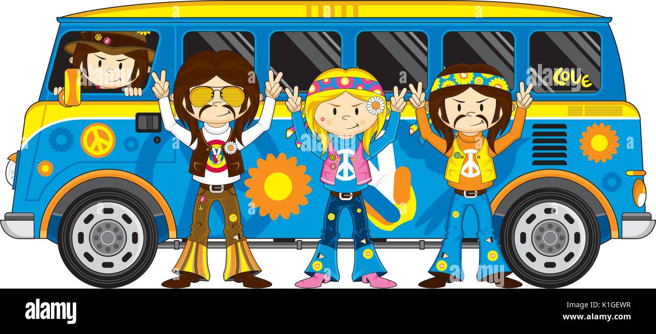 Cartoon Hippie Flower Power avec Cool Van Vector Illustration Illustration de Vecteur