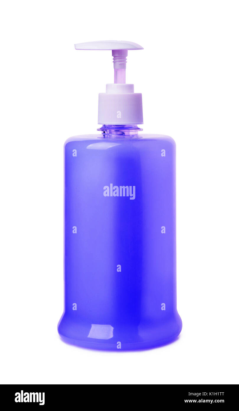 Savon liquide bleu isolé sur fond blanc Banque D'Images