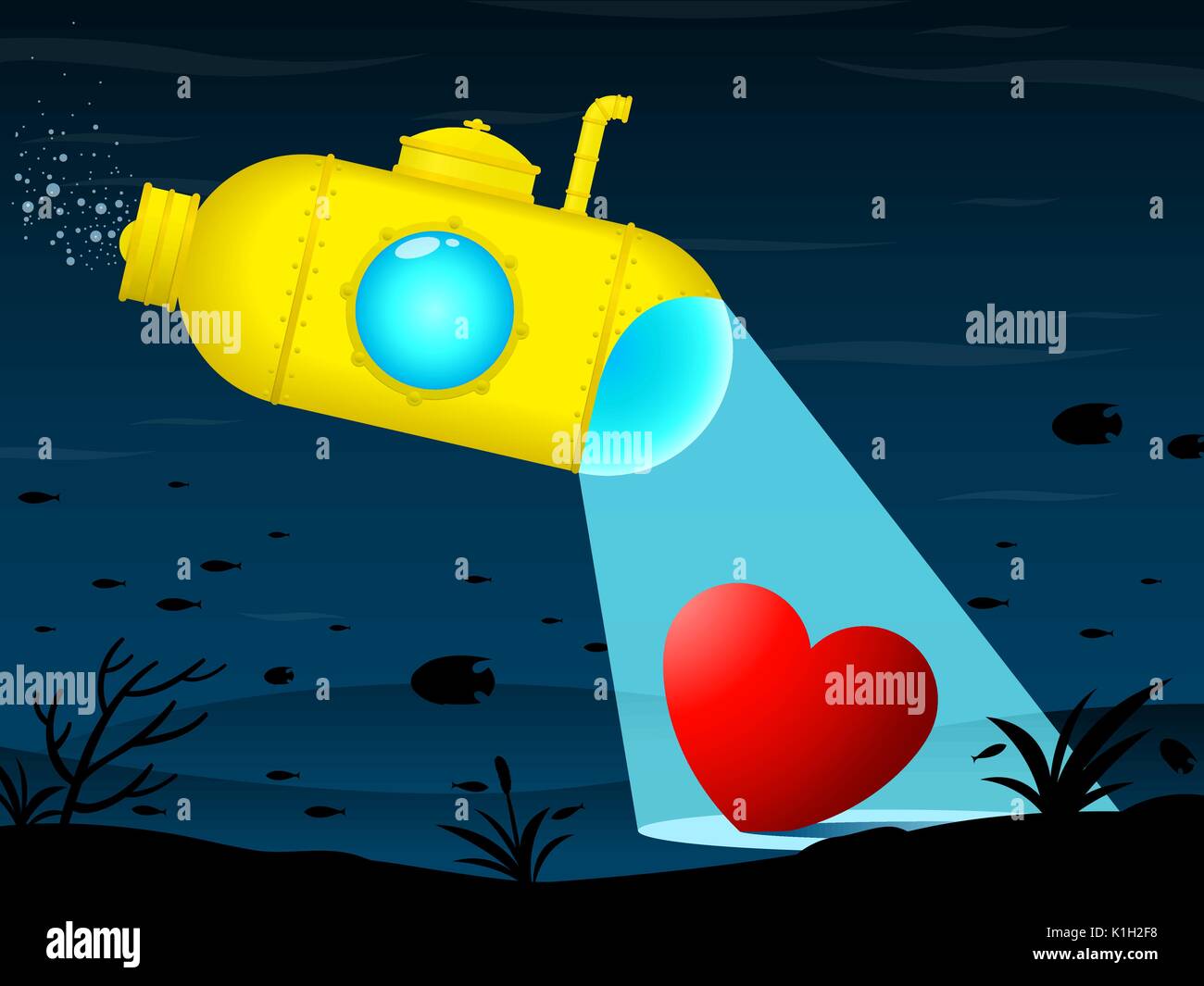 Sous-marin jaune coeur trouve sur le terrain de la mer - illustration Illustration de Vecteur