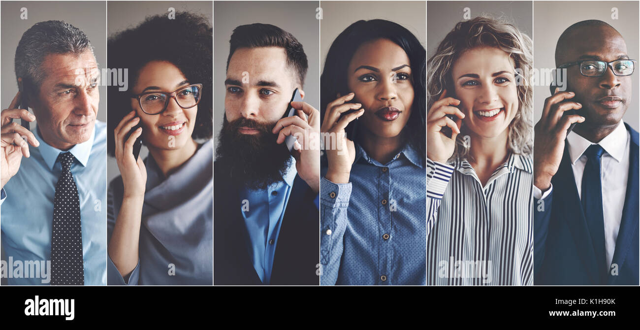 Collage d'un groupe diversifié d'hommes et de femmes d'affaires et avoir des conversations sur téléphones mobiles Banque D'Images