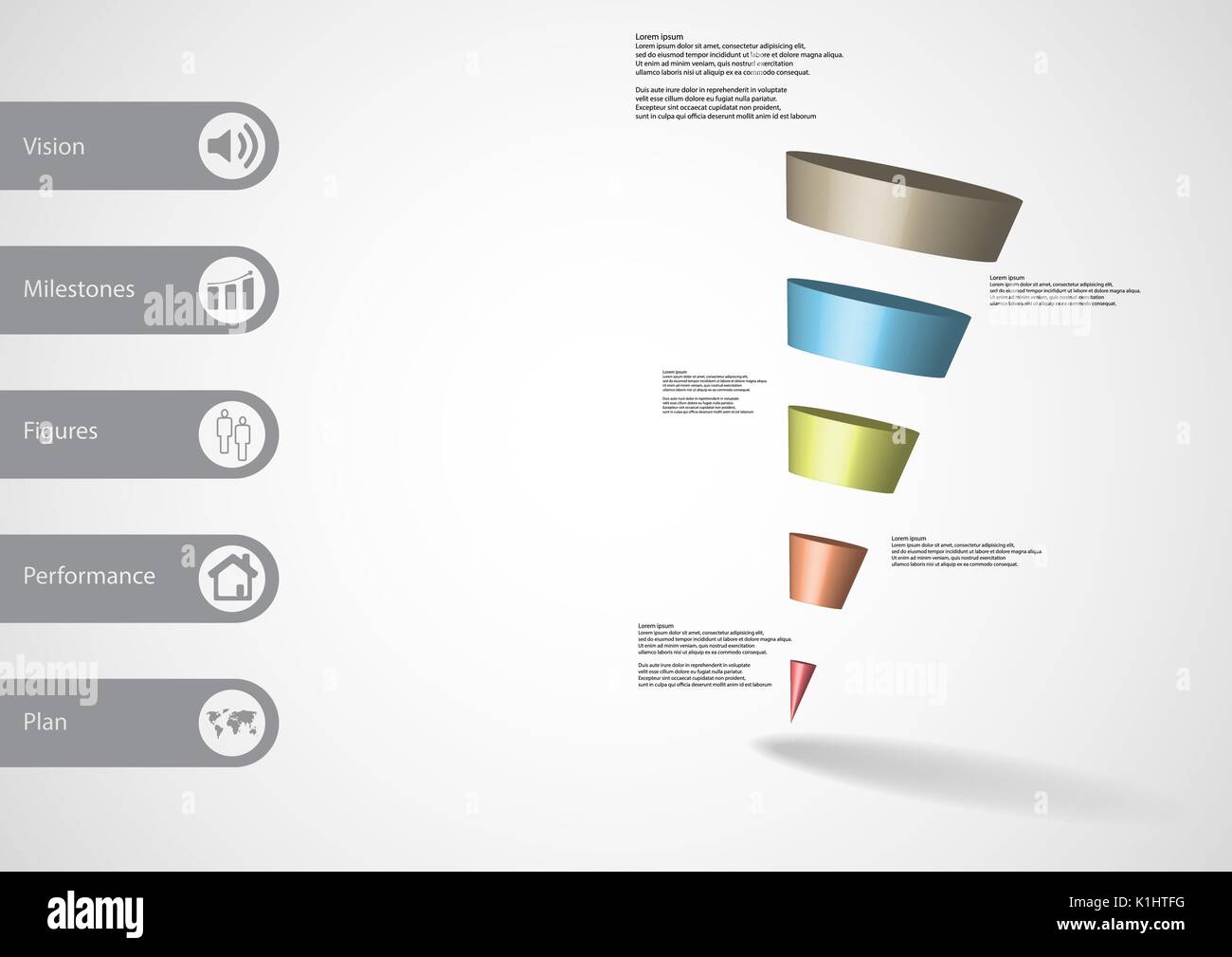 Illustration infographie 3d modèle avec motif de triangle cône incliné horizontalement divisé à cinq tranches couleur avec simple signe et le texte sur le côté je Illustration de Vecteur