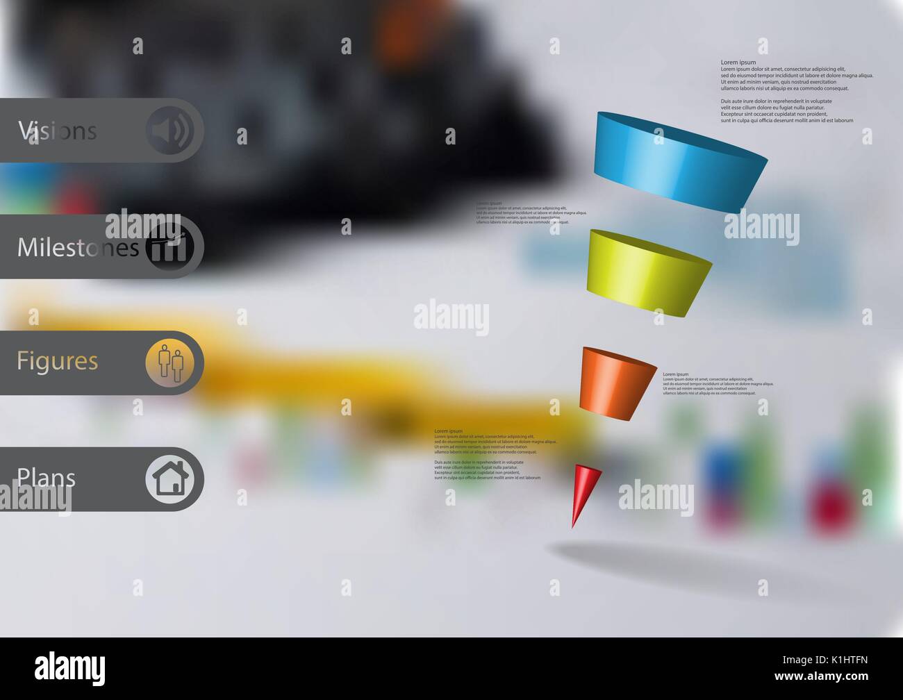 Illustration infographie 3d modèle avec motif de triangle cône incliné horizontalement divisée à quatre tranches couleur avec simple signe et le texte sur le côté je Illustration de Vecteur
