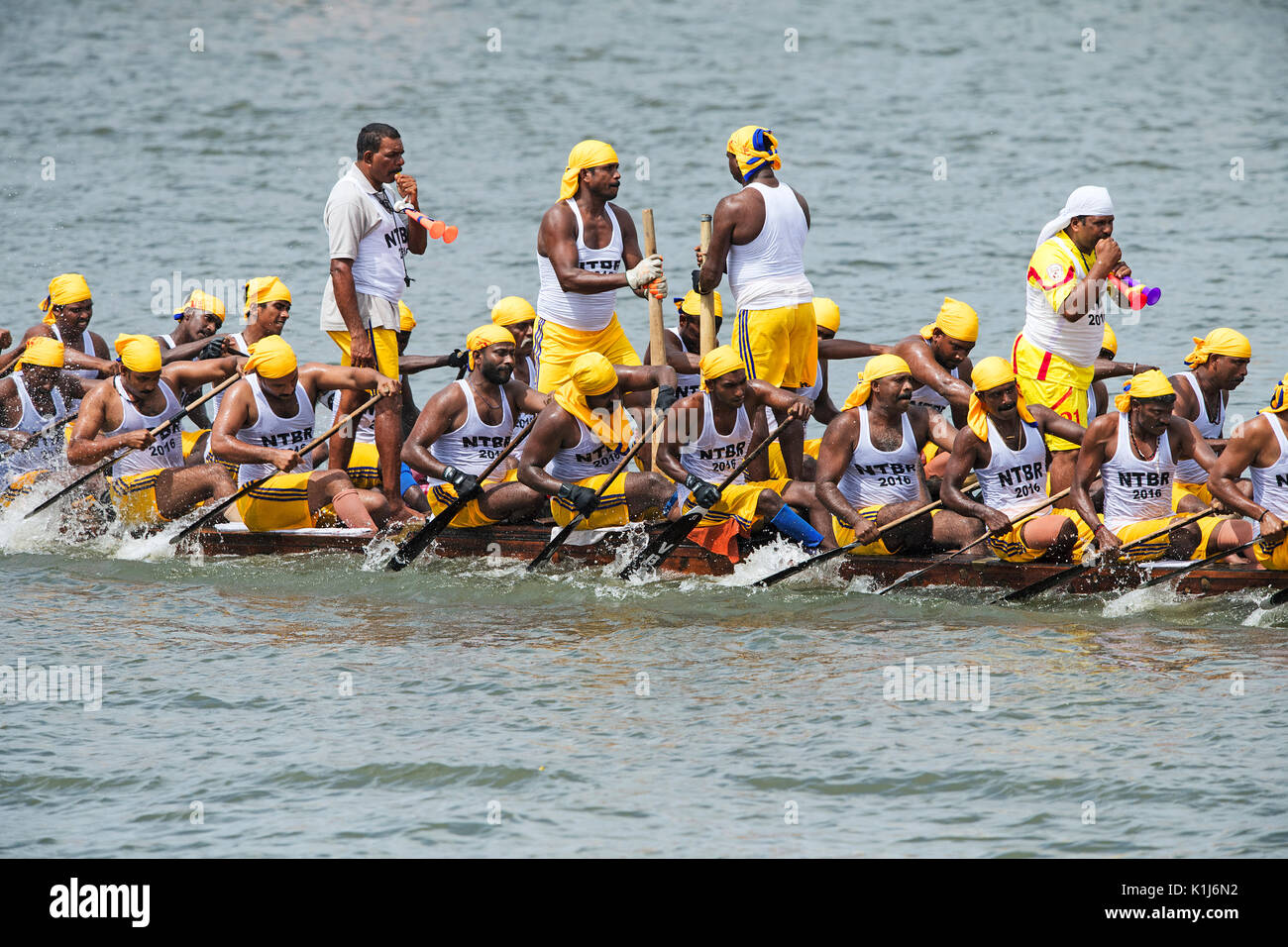 L'image d'hommes serpent aviron bateau en bateau Nehru, le jour de la course, Allaepy Punnamda Lake, le Kerala Inde Banque D'Images