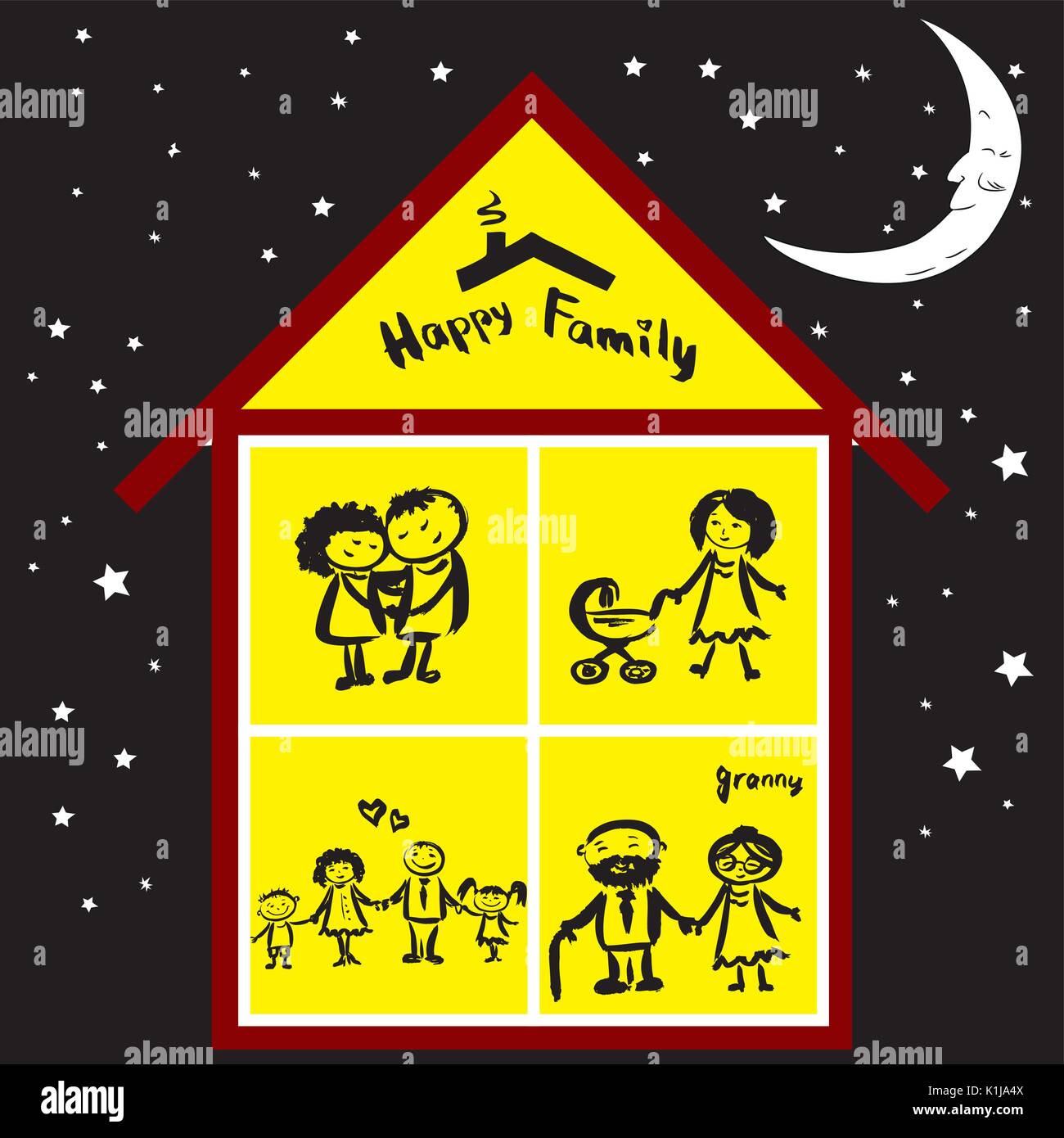 Famille heureuse dans la maison la nuit, dessin à la main vector Illustration de Vecteur