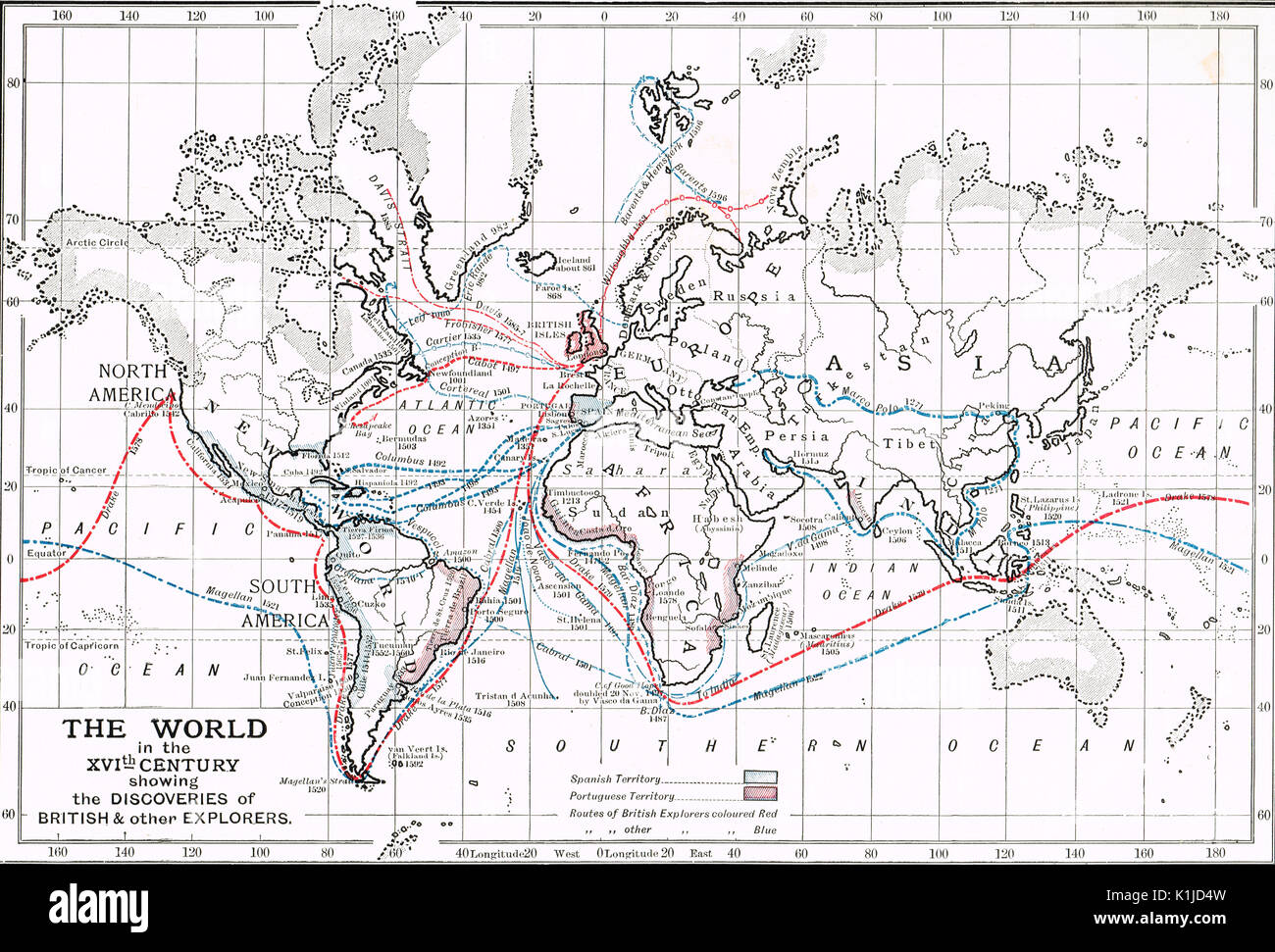 Carte du monde du 16ème siècle montrant les découvertes des explorateurs britanniques et d'autres Banque D'Images