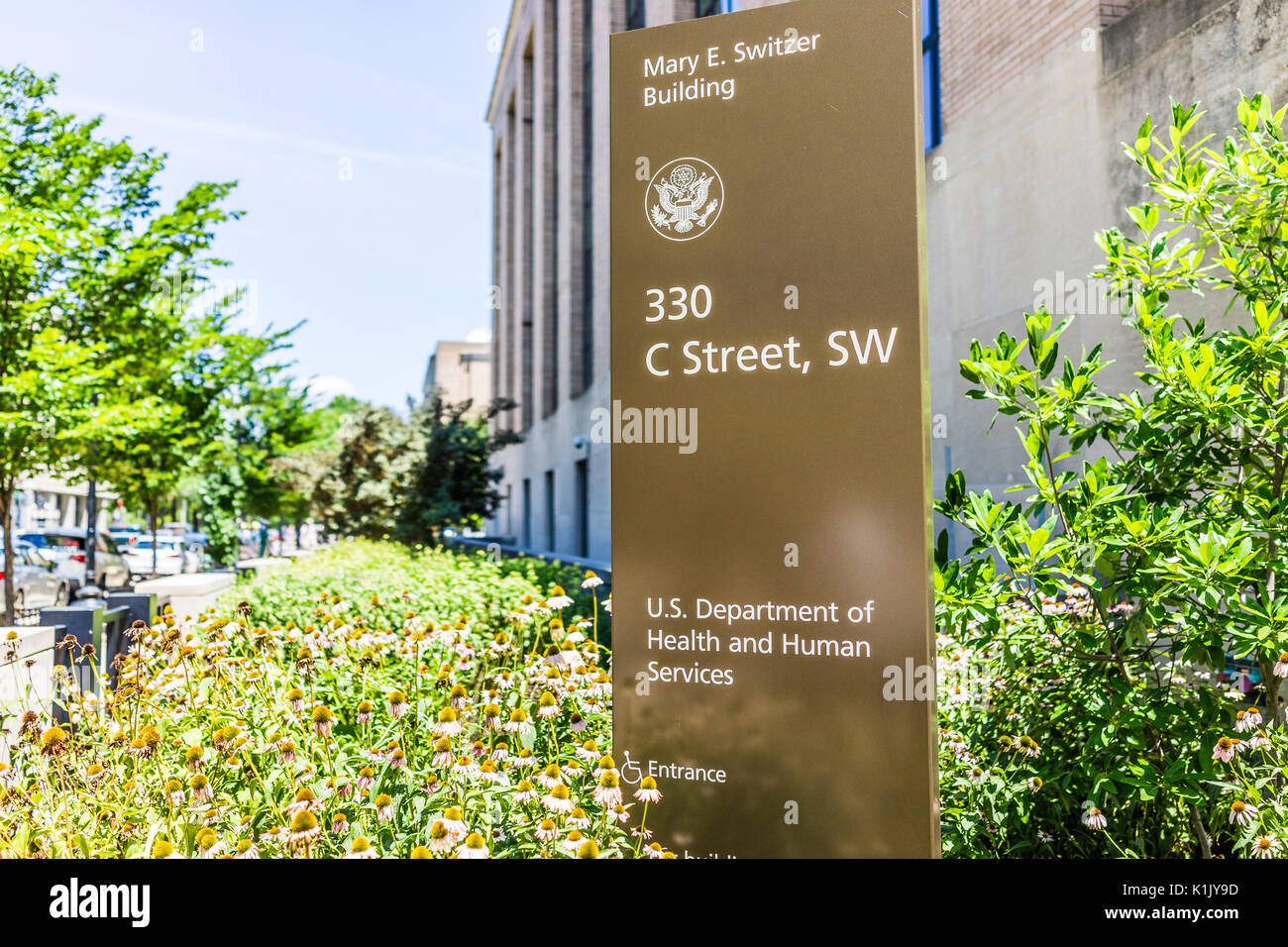 Washington DC, USA - 3 juillet 2017 : signer pour le ministère de la Santé et des services sociaux au centre-ville Banque D'Images