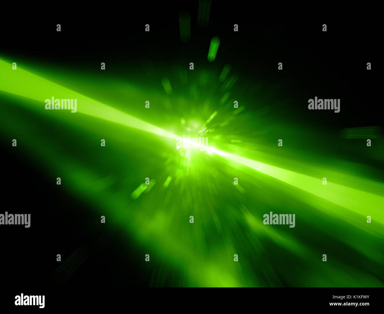 Faisceaux laser lumineux vert atteindre la cible, d'explosion, générée par ordinateur résumé fond, 3D Rendering Banque D'Images