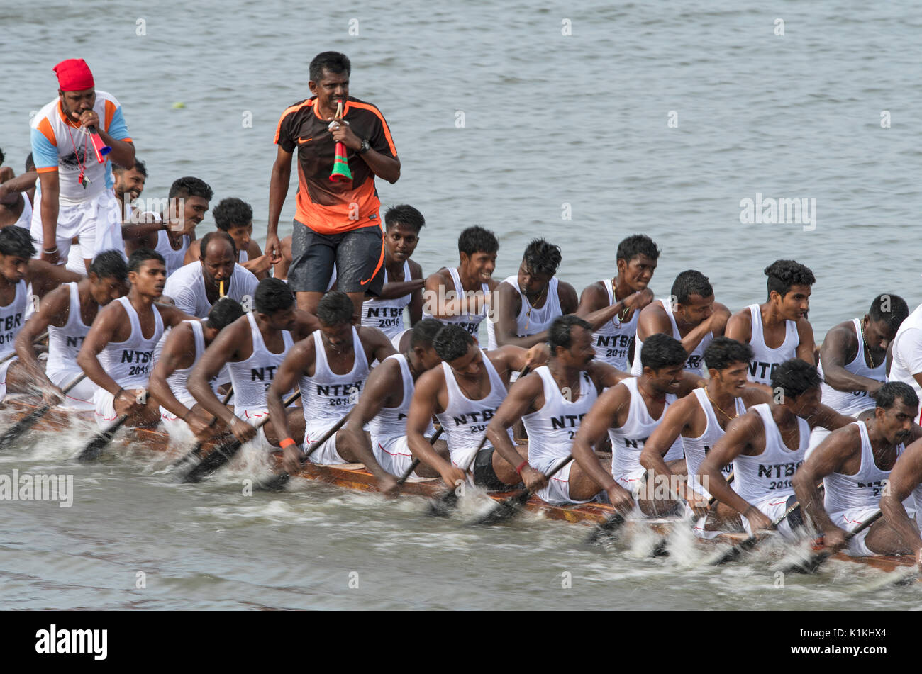 L'image d'hommes serpent aviron bateau en bateau Nehru, le jour de la course, Allaepy Punnamda Lake, le Kerala Inde Banque D'Images