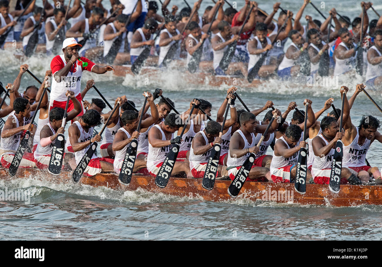 L'image d'hommes serpent aviron bateau en bateau Nehru, le jour de la course, Allaepy Punnamda Lake, le Kerala Inde Banque D'Images
