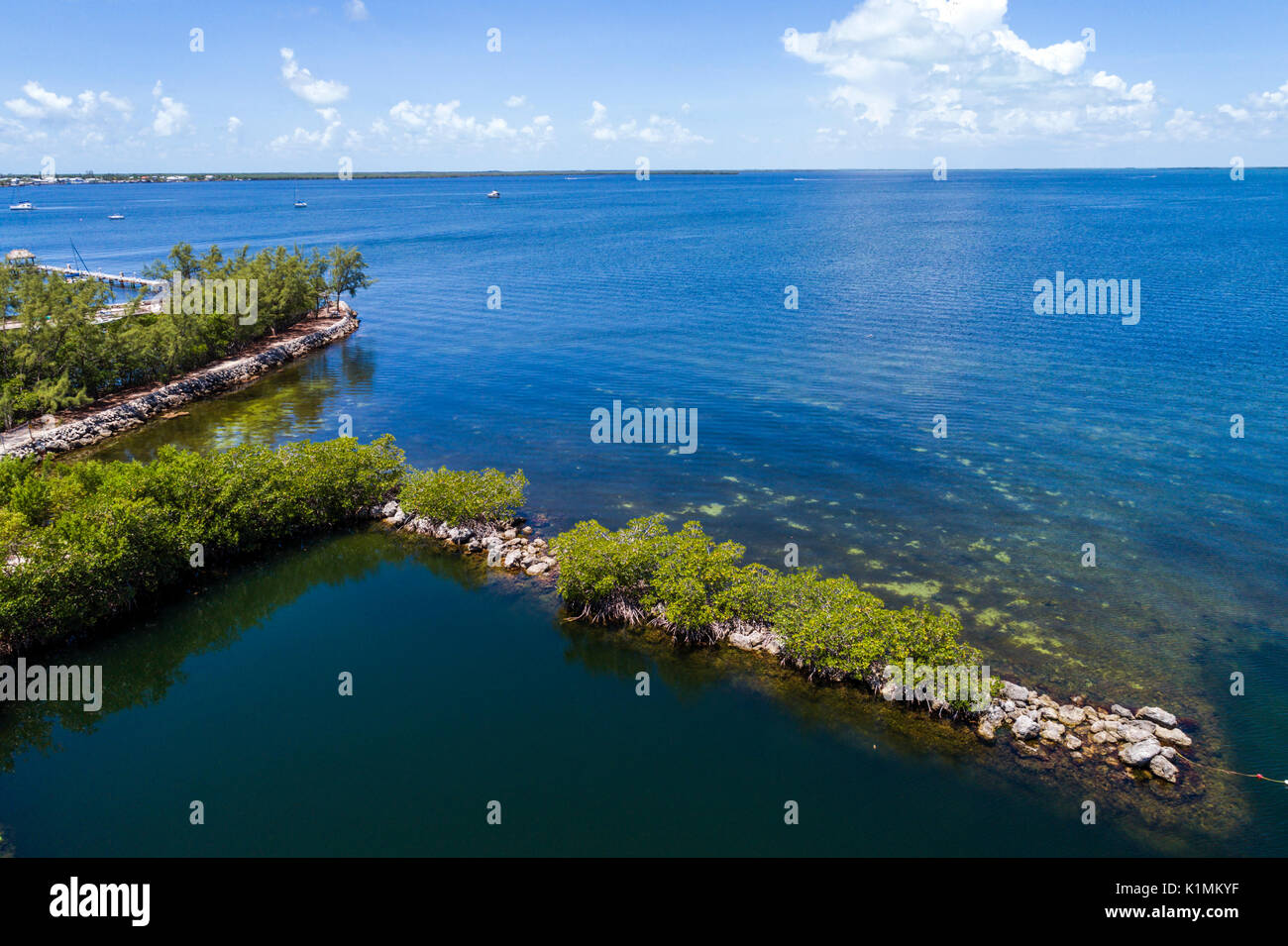 Floride, Florida Keys, Upper, Key Largo, Rowell's Waterfront Park, Blackwater Sound, vue aérienne aérienne aérienne aérienne à vol d'oiseau, les visiteurs voyagent à destination de Banque D'Images