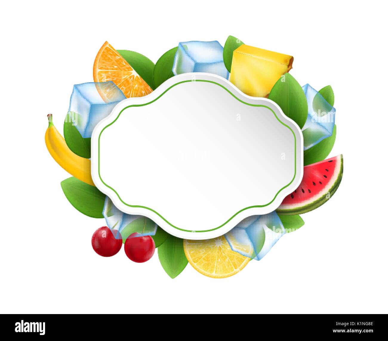 Carte de nettoyage alimentaire avec des fruits et des baies, des cubes de glace Illustration de Vecteur